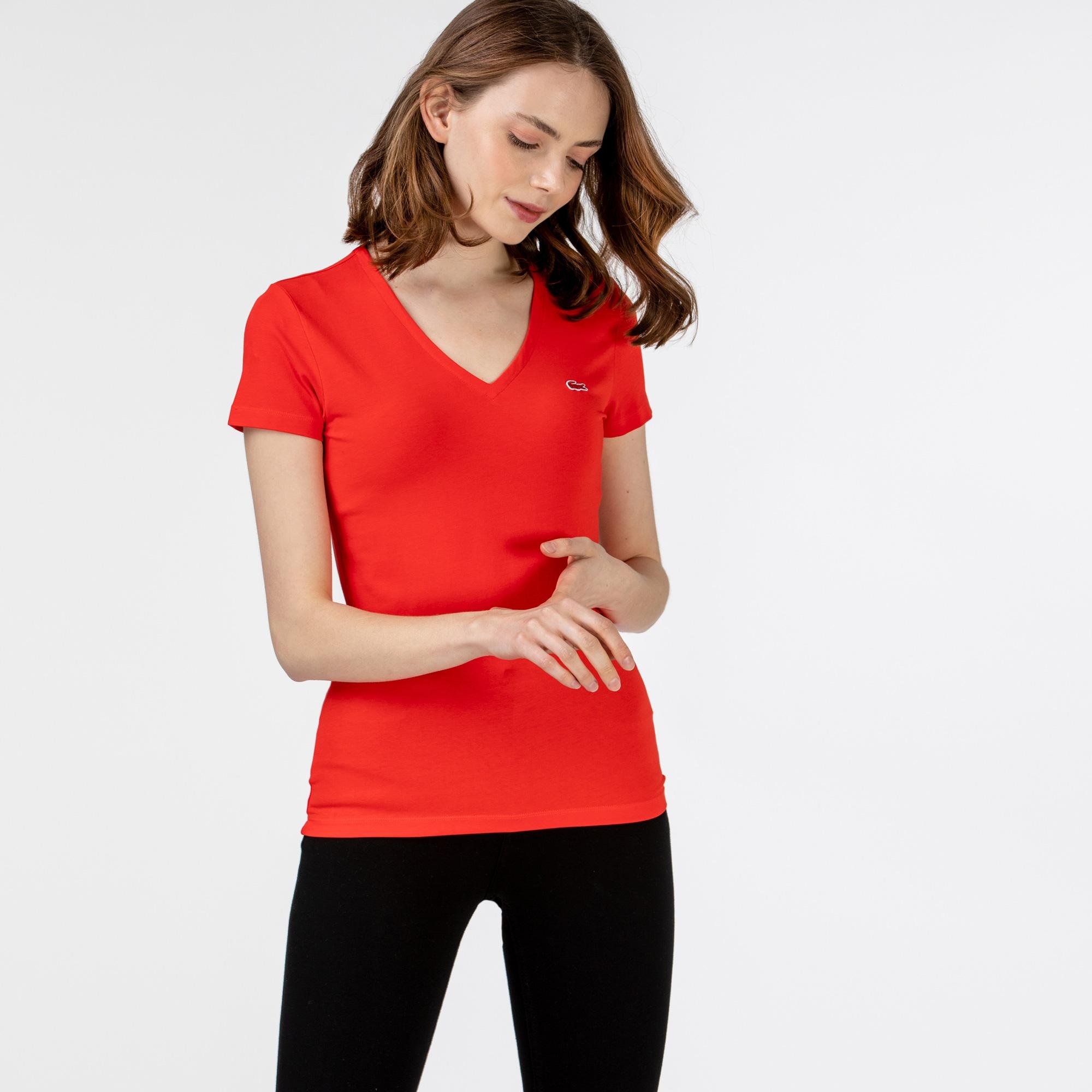 Lacoste Kadın Slim Fit V Yaka Kırmızı T-Shirt