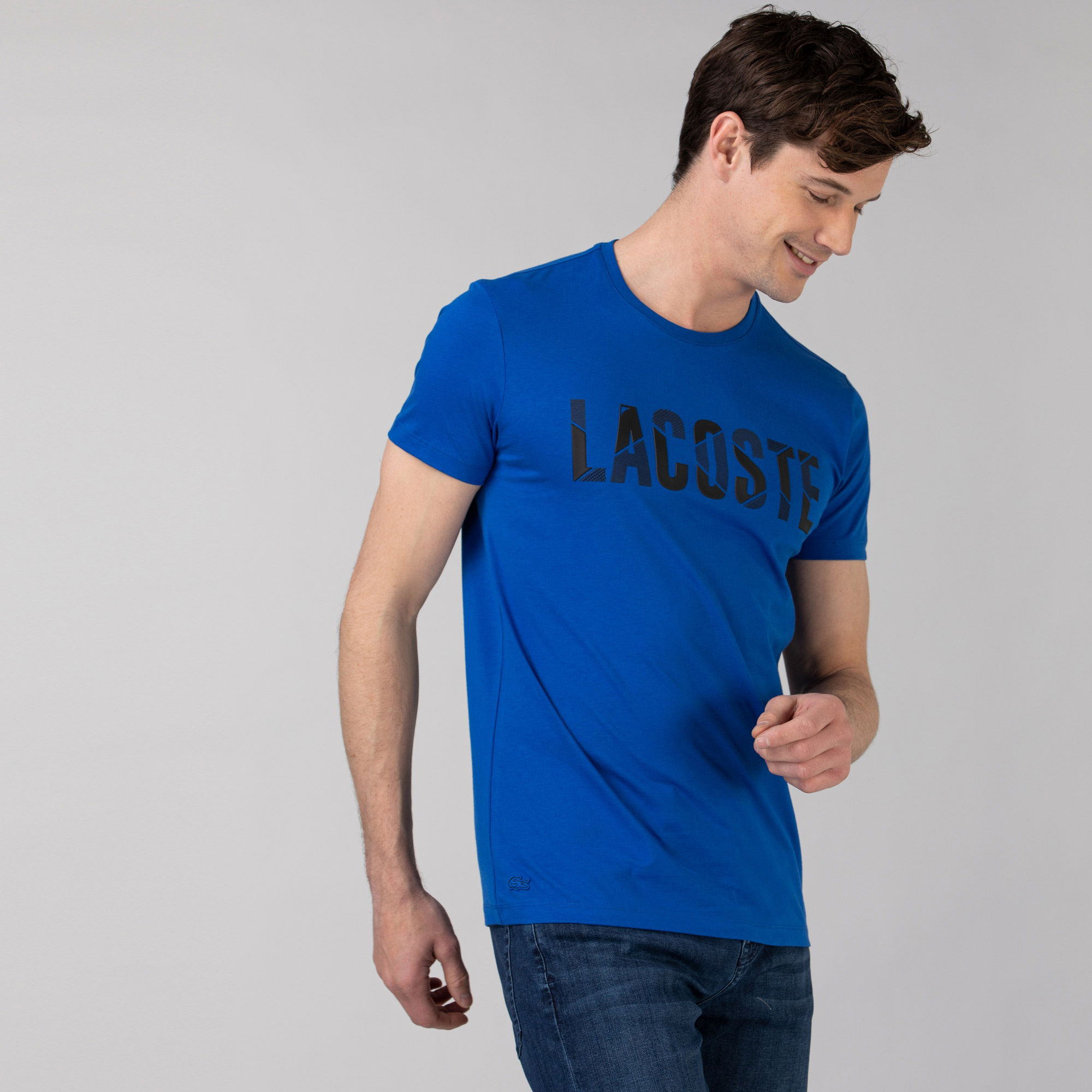 Lacoste Erkek Bisiklet Yaka Baskılı Mavi T-Shirt