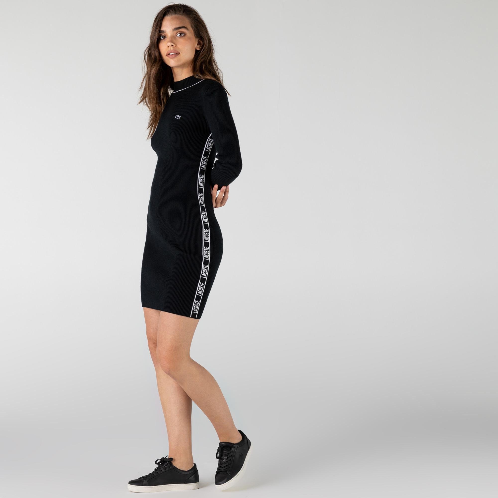 Lacoste Kadın Slim Fit Baskılı Uzun Kollu Dik Yaka Siyah Elbise