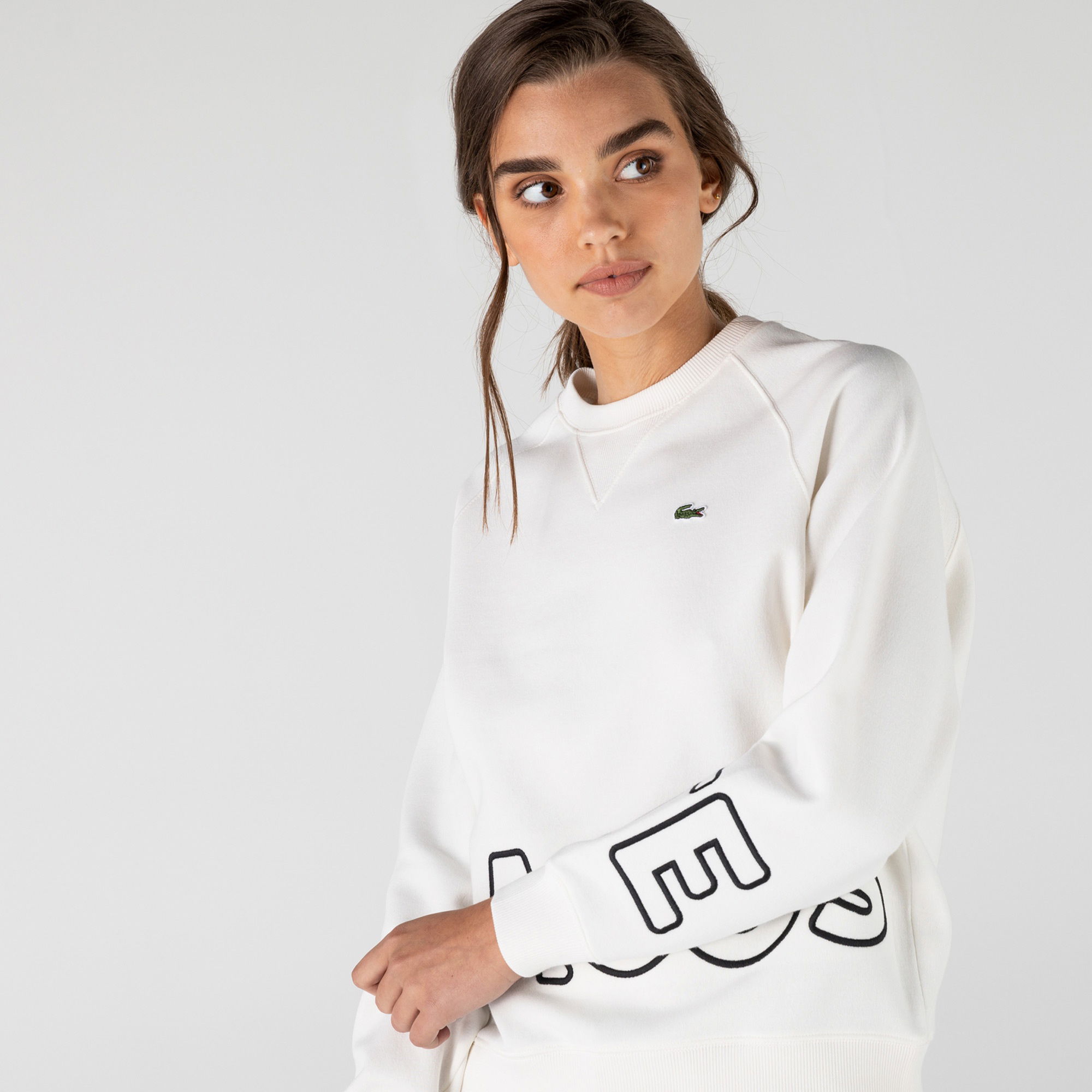 Lacoste L!VE Kadın Loose Fit Bisiklet Yaka Baskılı Beyaz Sweatshirt