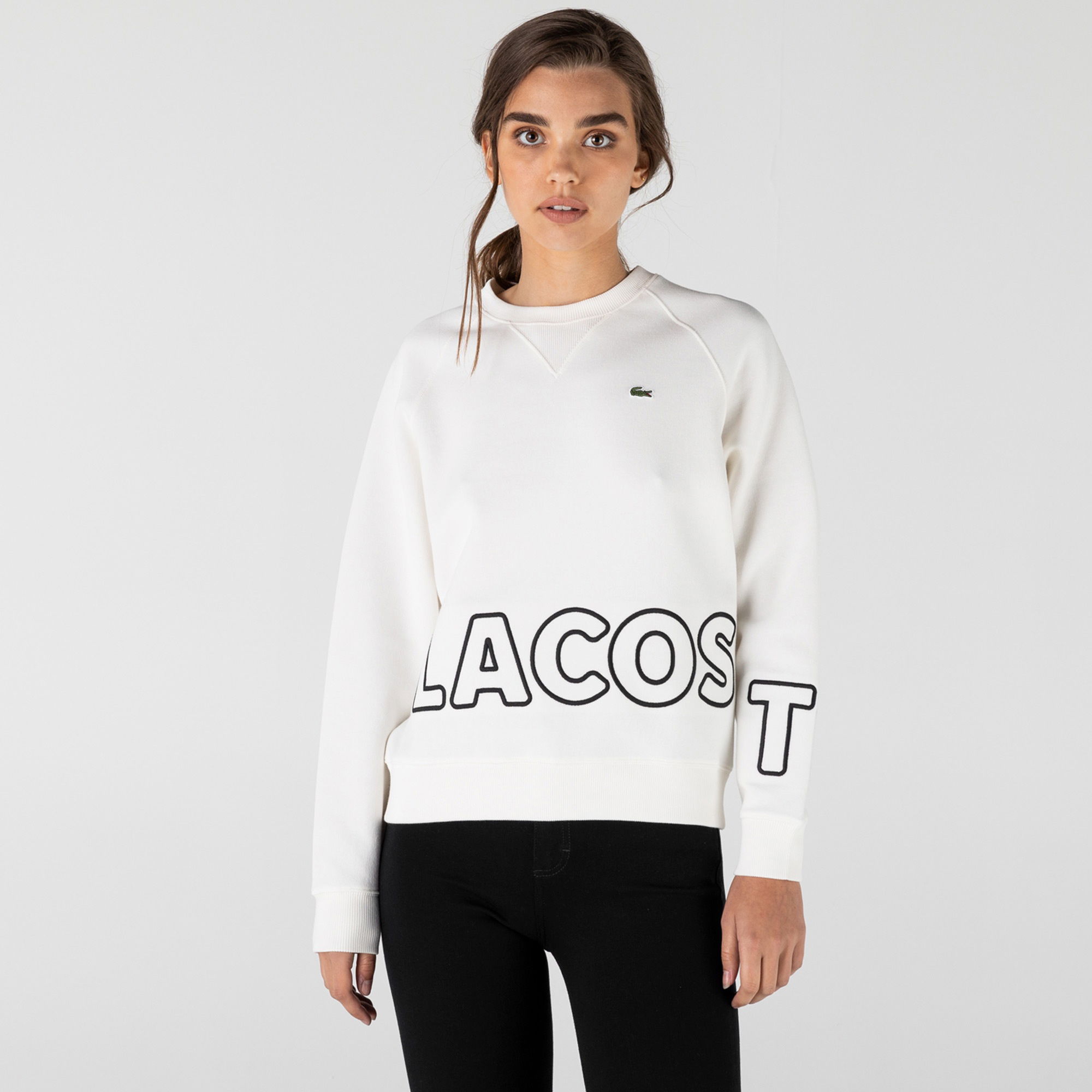 Lacoste L!VE Kadın Loose Fit Bisiklet Yaka Baskılı Beyaz Sweatshirt