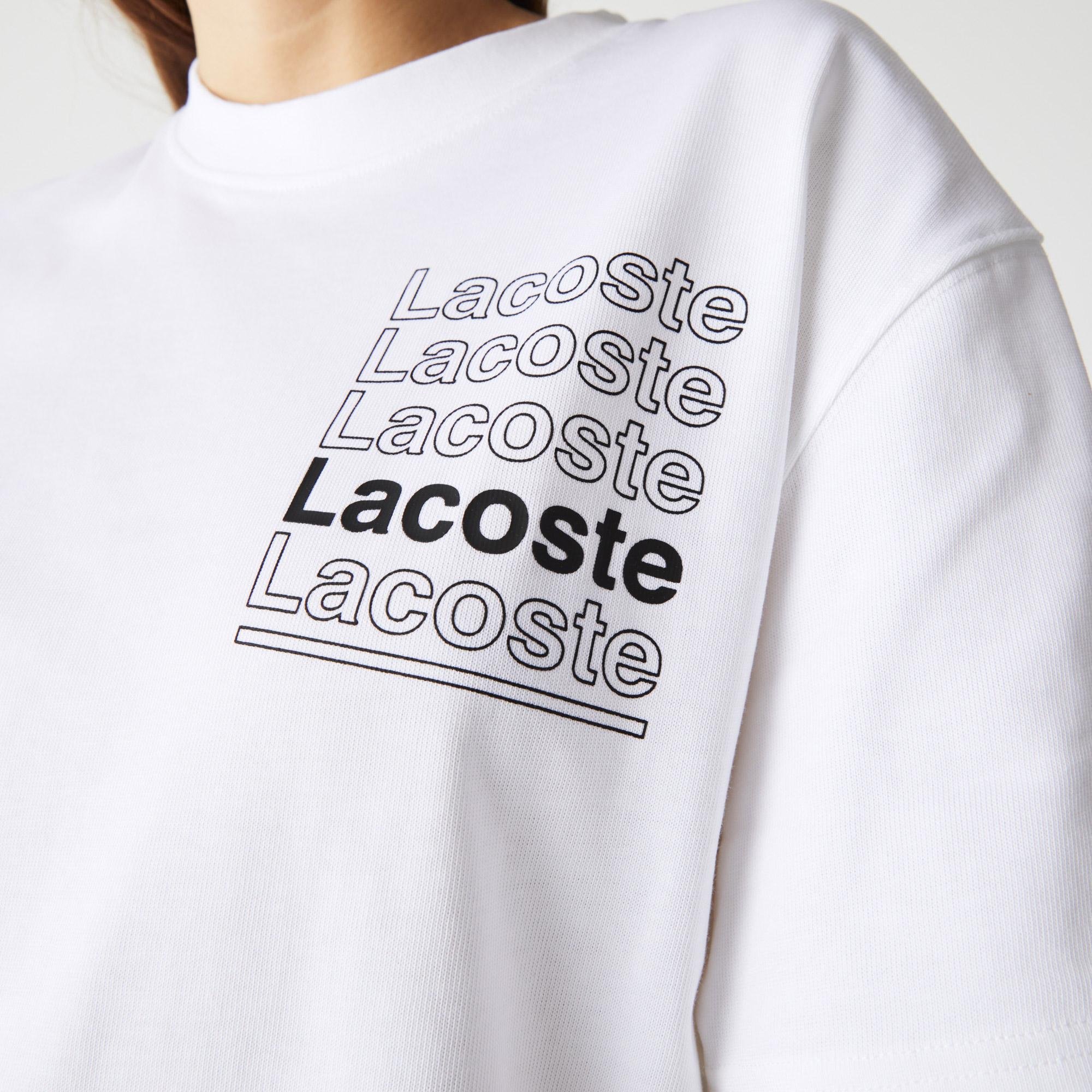 Lacoste L!VE Kadın Boxy Fit Bisiklet Yaka Baskılı Beyaz T-Shirt