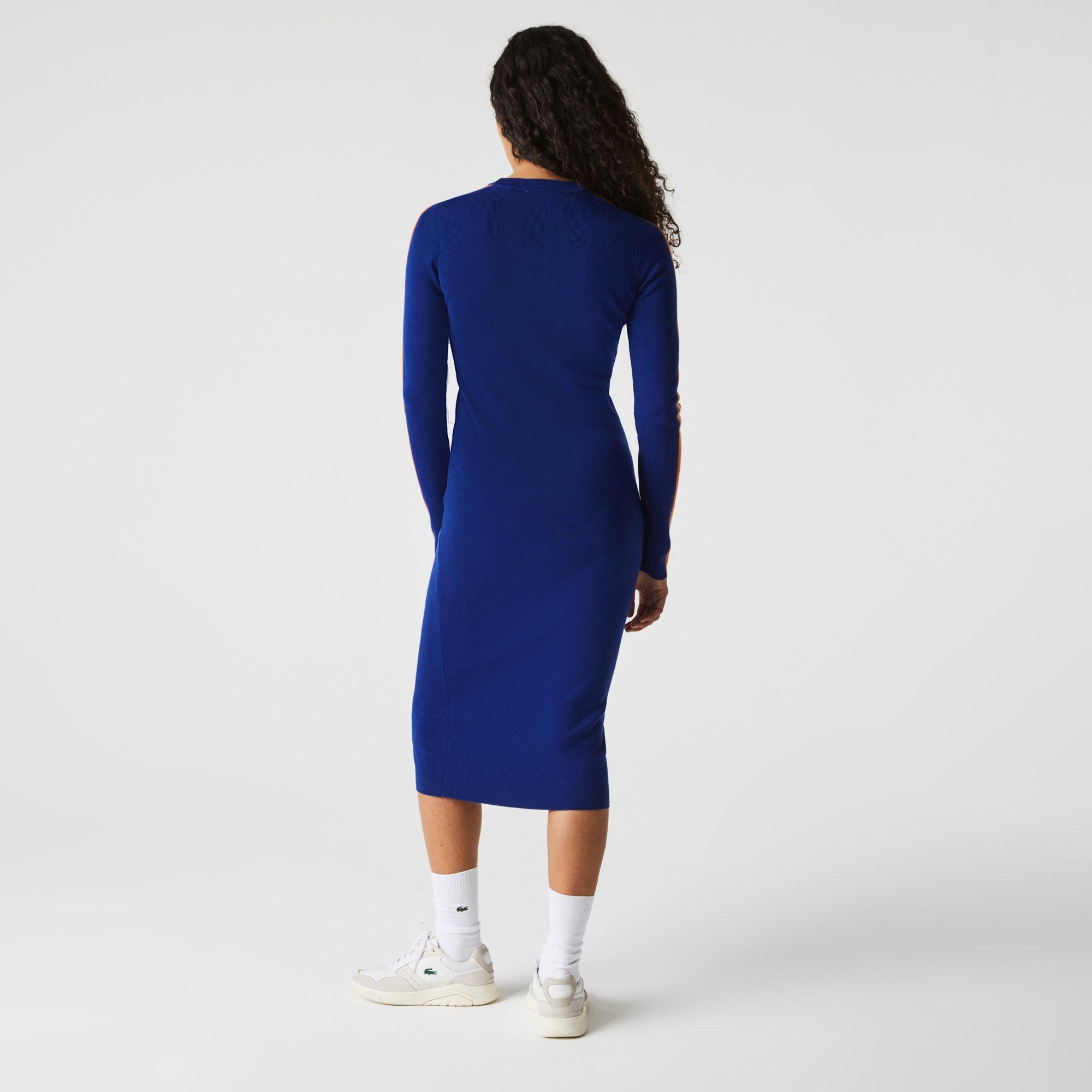 Lacoste Kadın Slim Fit Uzun Kollu Bisiklet Yaka Çizgili Mavi Midi Elbise