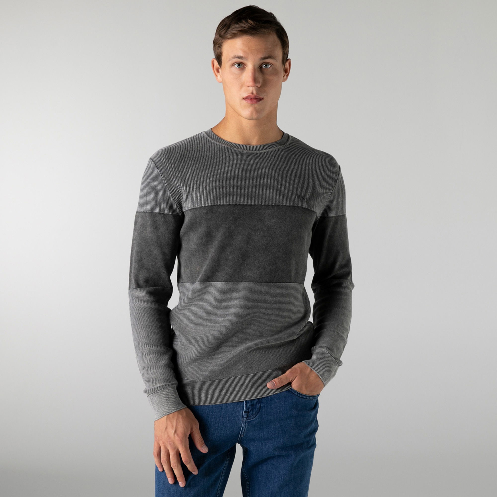 Lacoste Erkek Regular Fit Bisiklet Yaka Renk Bloklu Gri Kazak