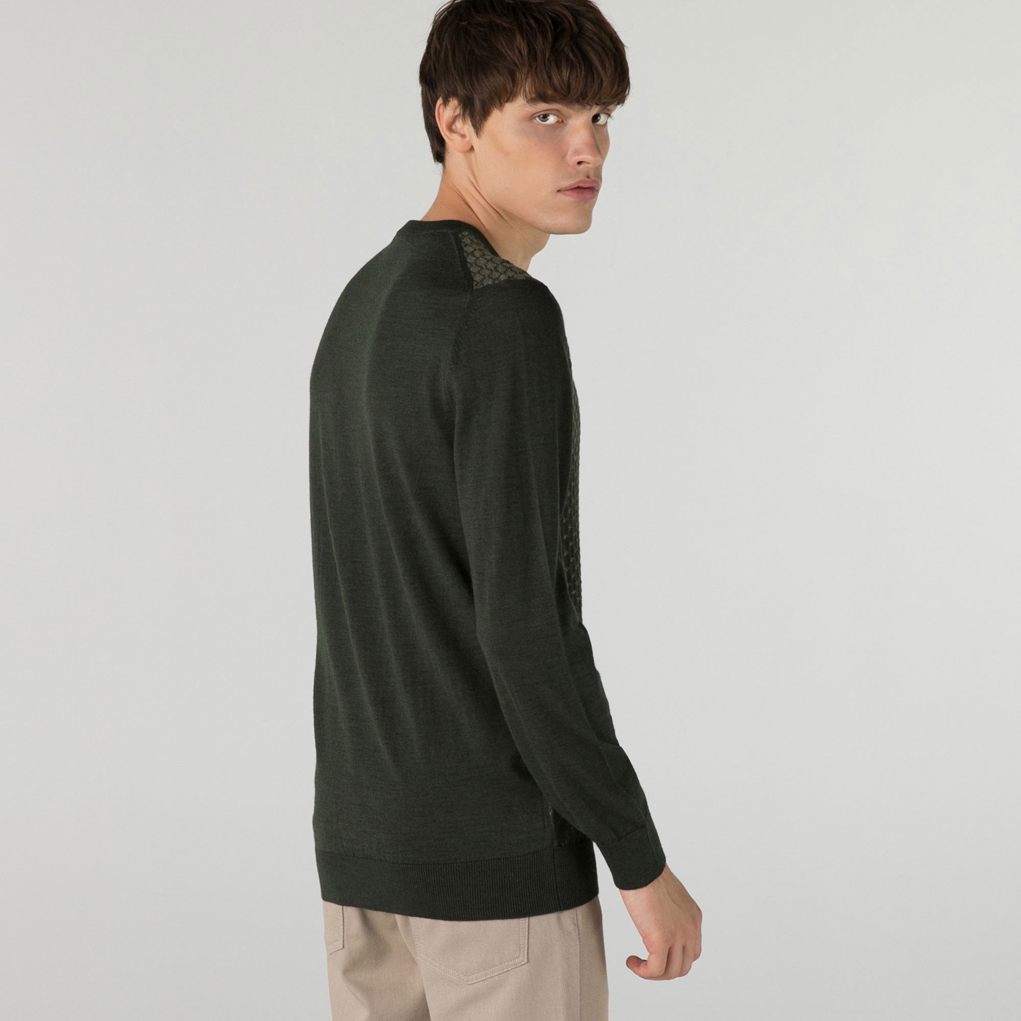 Lacoste Erkek Regular Fit Bisiklet Yaka Desenli Haki Kazak