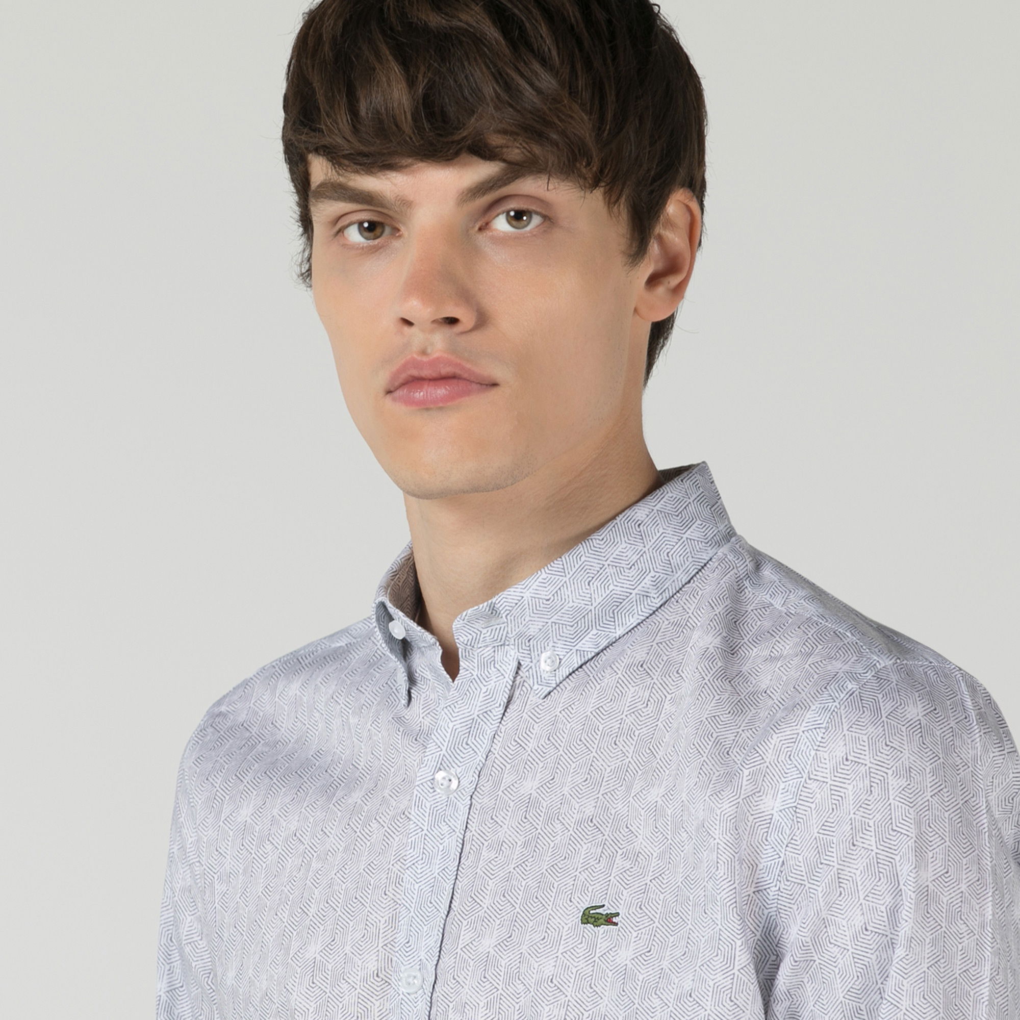 Lacoste Erkek Slim Fit Desenli Açık Gri Gömlek