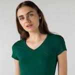 Lacoste Kadın Slim Fit V Yaka Yeşil T-Shirt