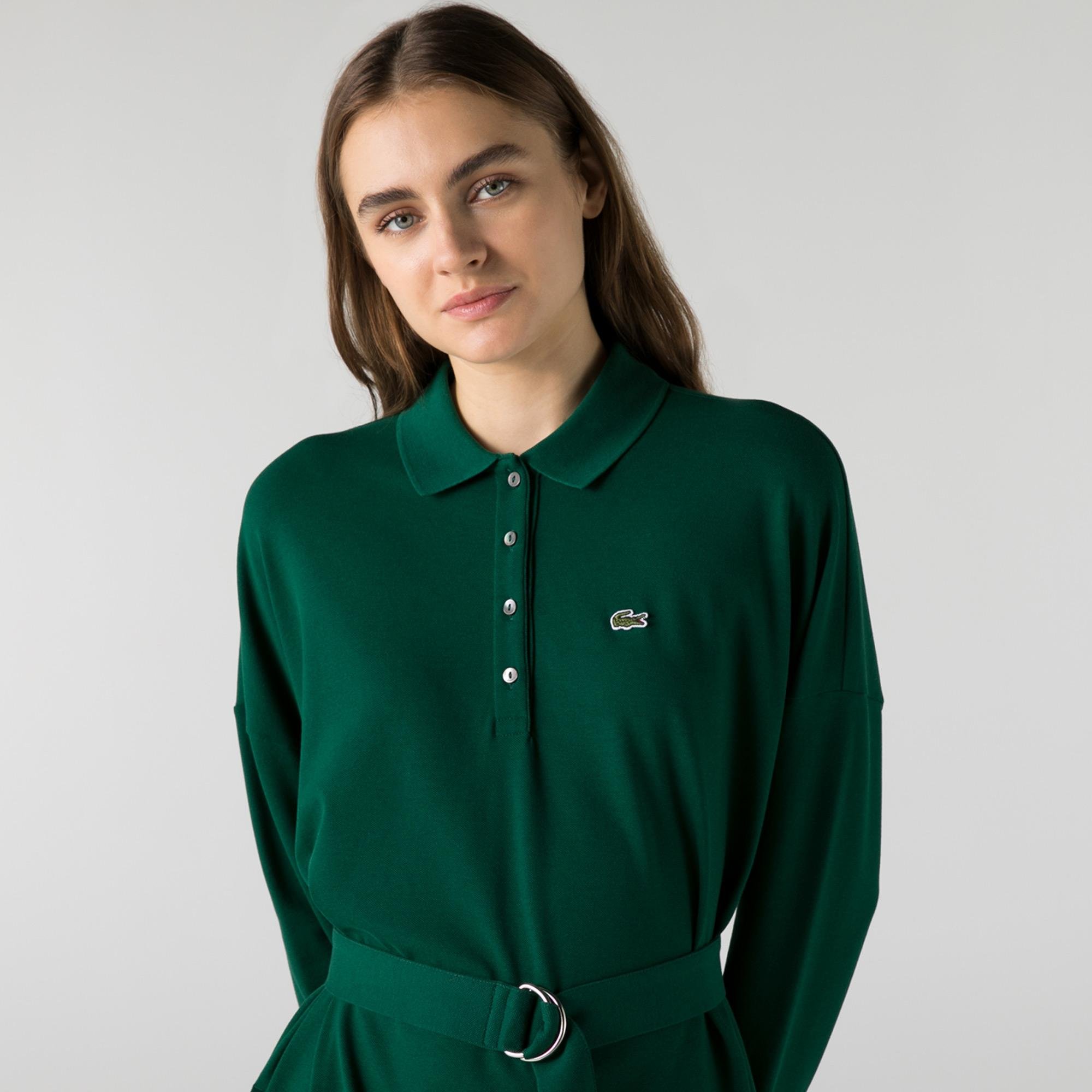 Lacoste Kadın Regular Fit Uzun Kollu Polo Yaka Yeşil Elbise