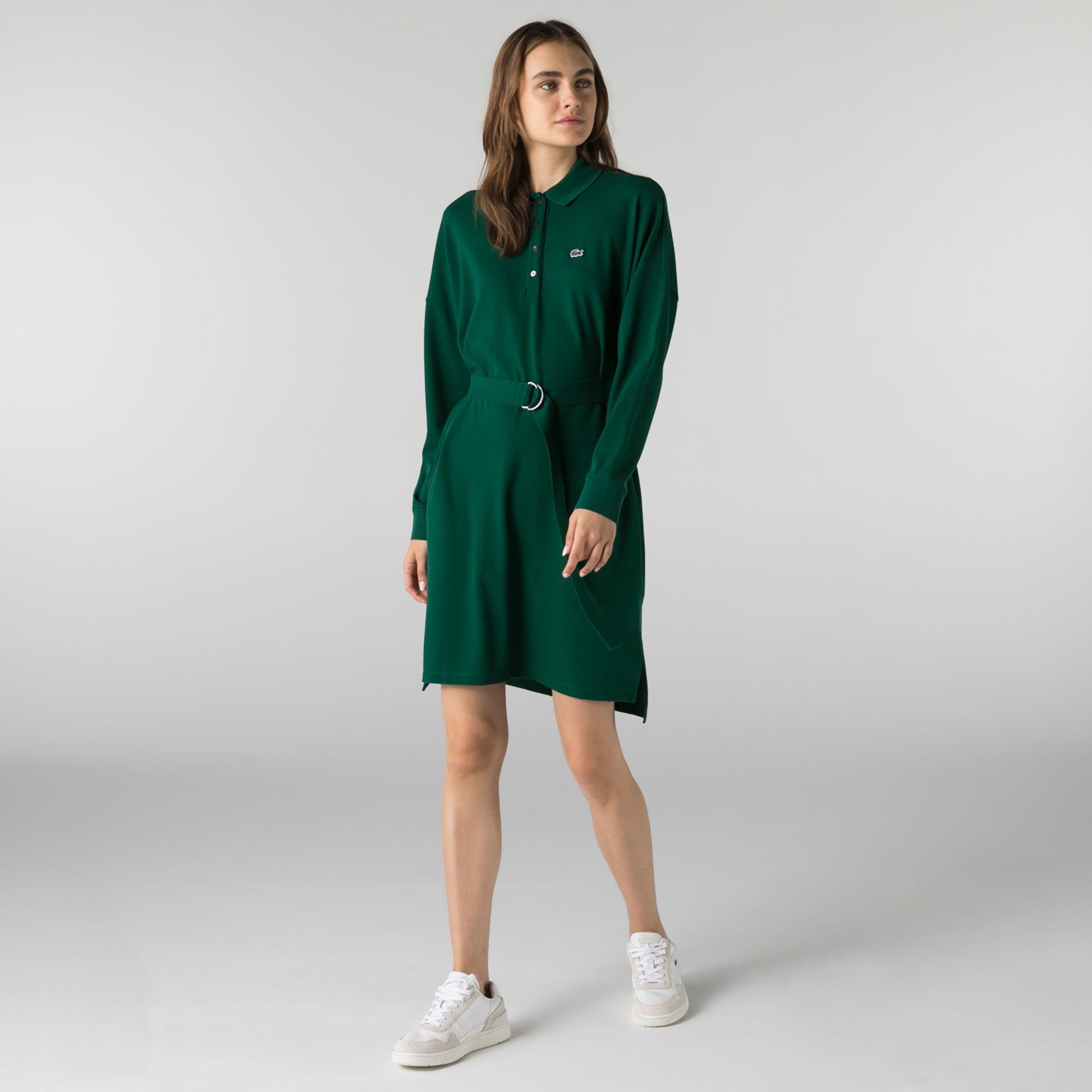 Lacoste Kadın Regular Fit Uzun Kollu Polo Yaka Yeşil Elbise