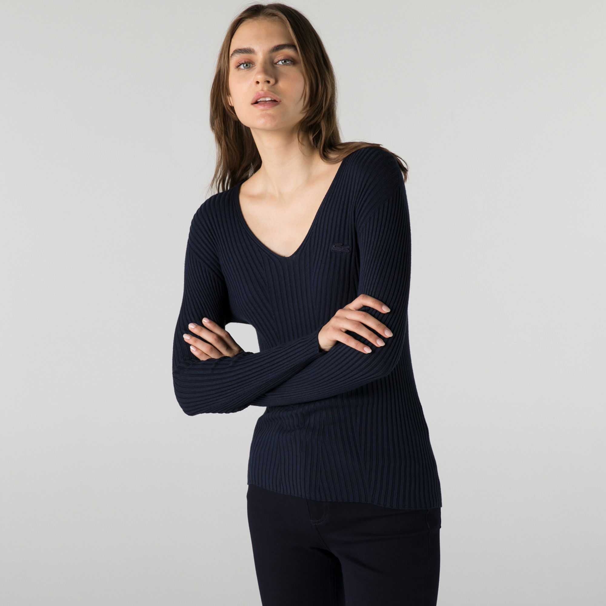 Lacoste Kadın V Yaka Lacivert Kazak