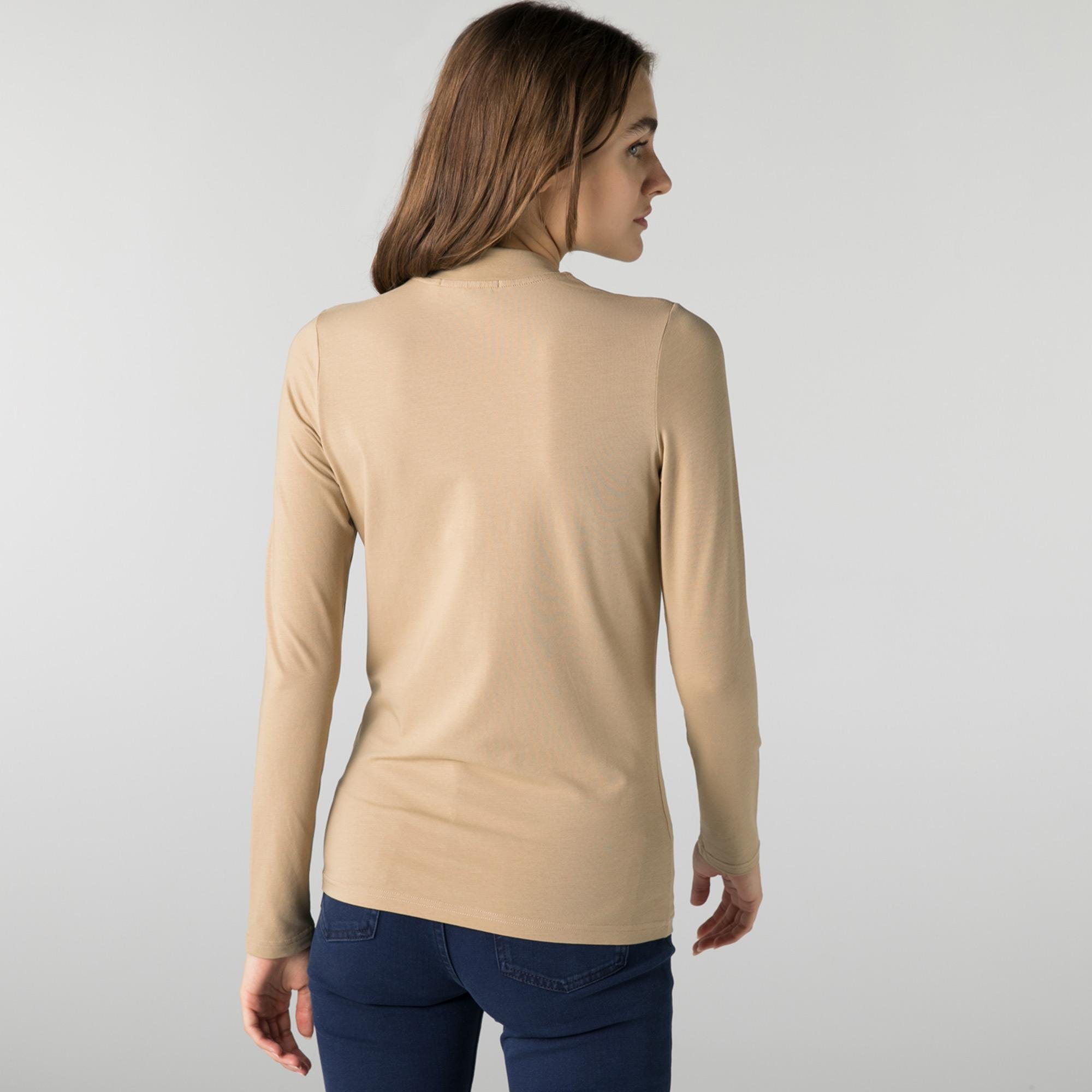 Lacoste Kadın Slim Fit Uzun Kollu Boğazlı Yaka Bej T-Shirt