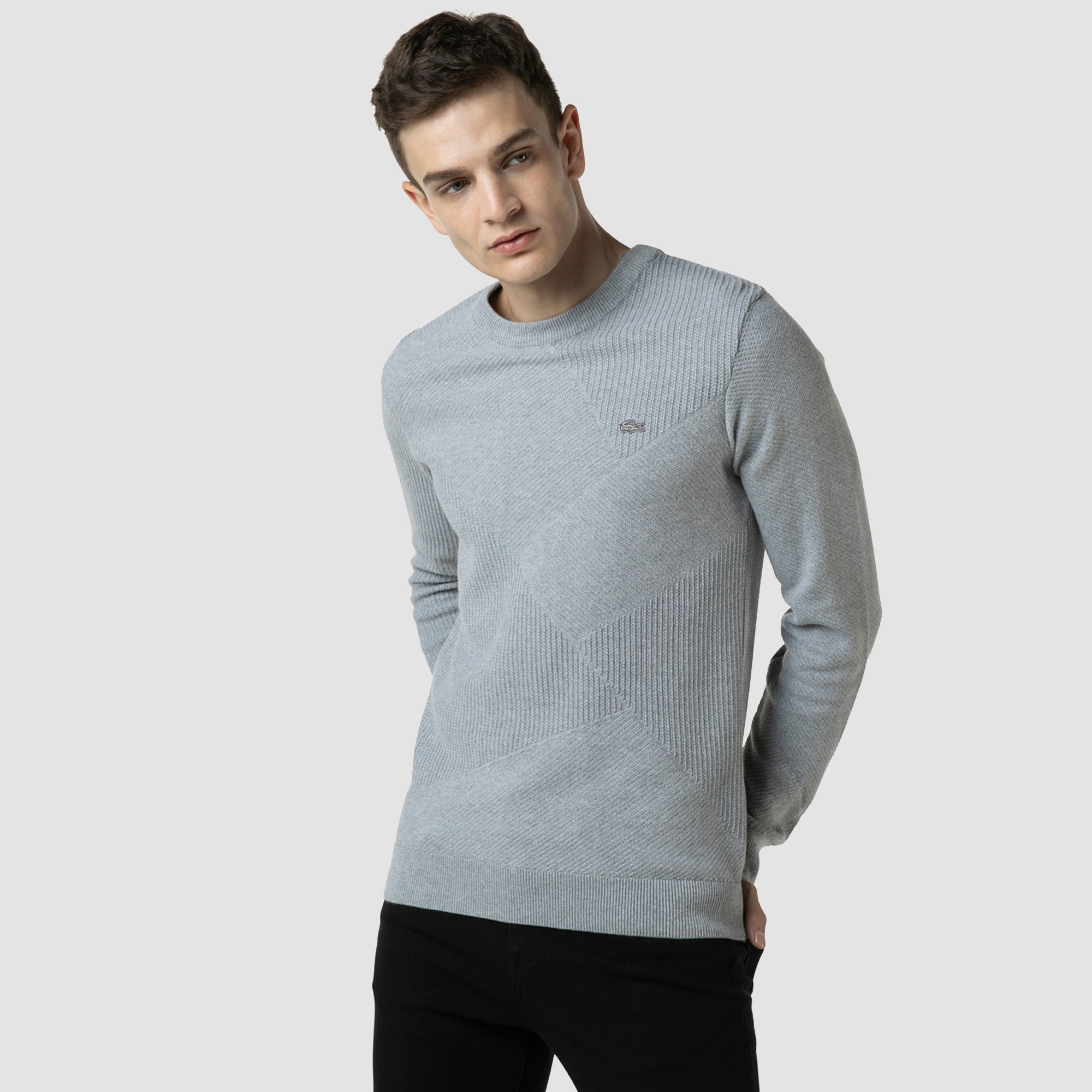Lacoste Erkek Regular Fit Bisiklet Yaka Renk Bloklu Gri Kazak