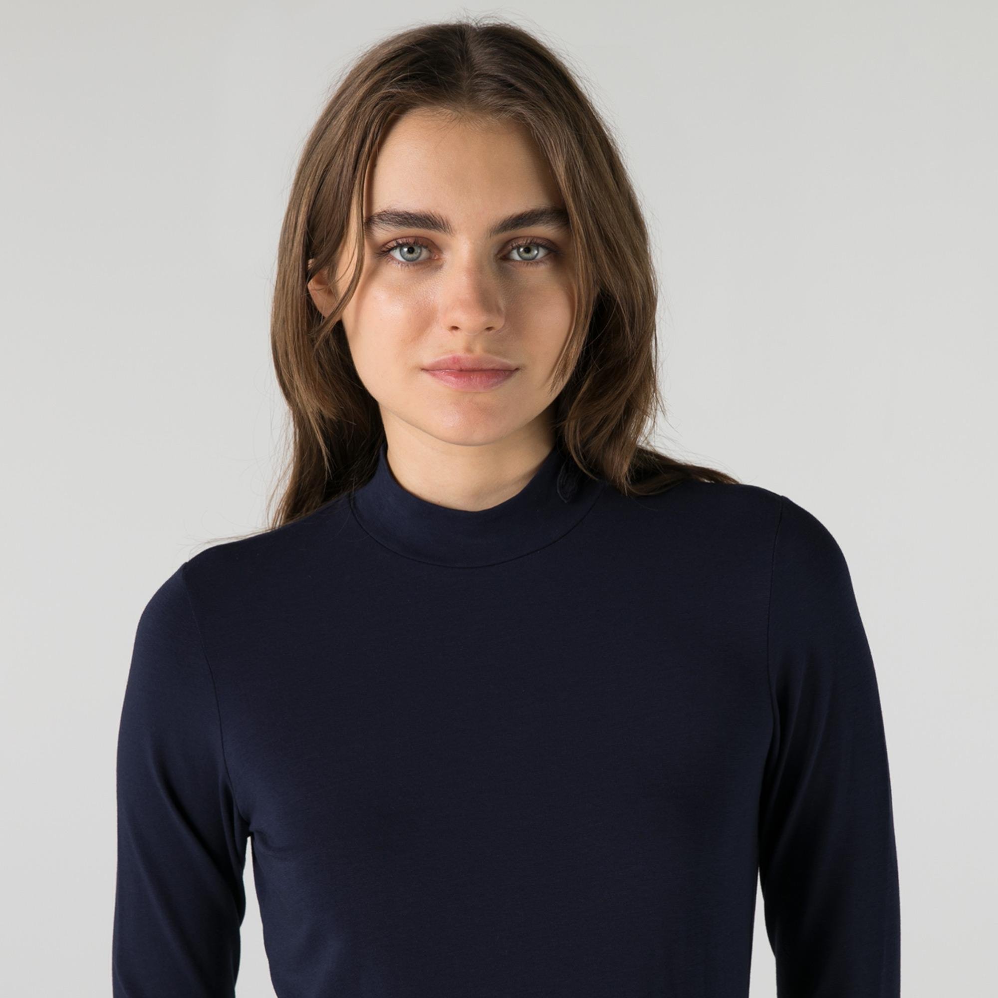 Lacoste Kadın Slim Fit Uzun Kollu Yarım Yaka Lacivert T-Shirt