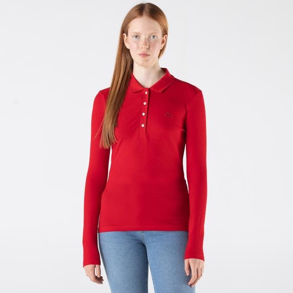 Lacoste Kadın Slim Fit Uzun Kollu Kırmızı Polo