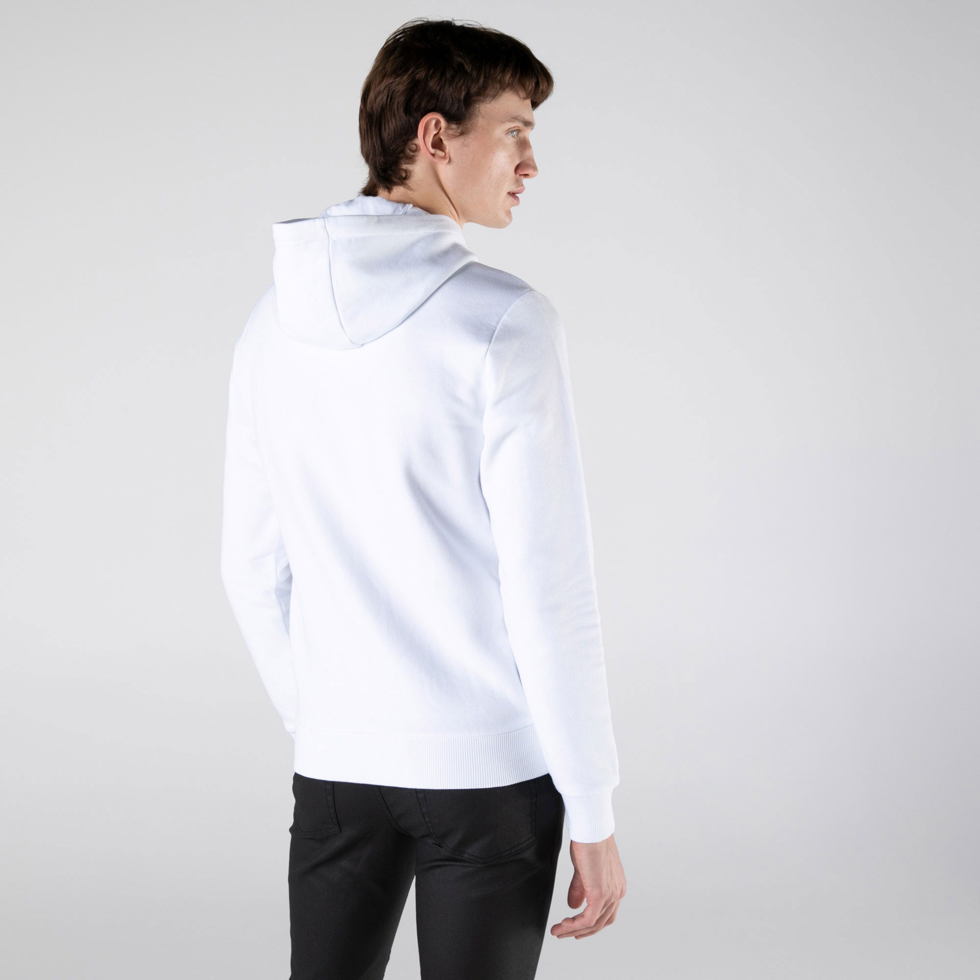 Lacoste Erkek Slim Fit Kapüşonlu Çizgili Beyaz Sweatshirt