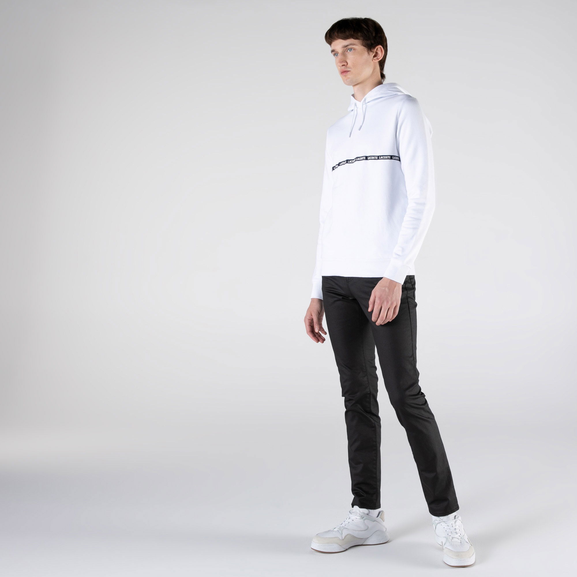 Lacoste Erkek Slim Fit Kapüşonlu Çizgili Beyaz Sweatshirt