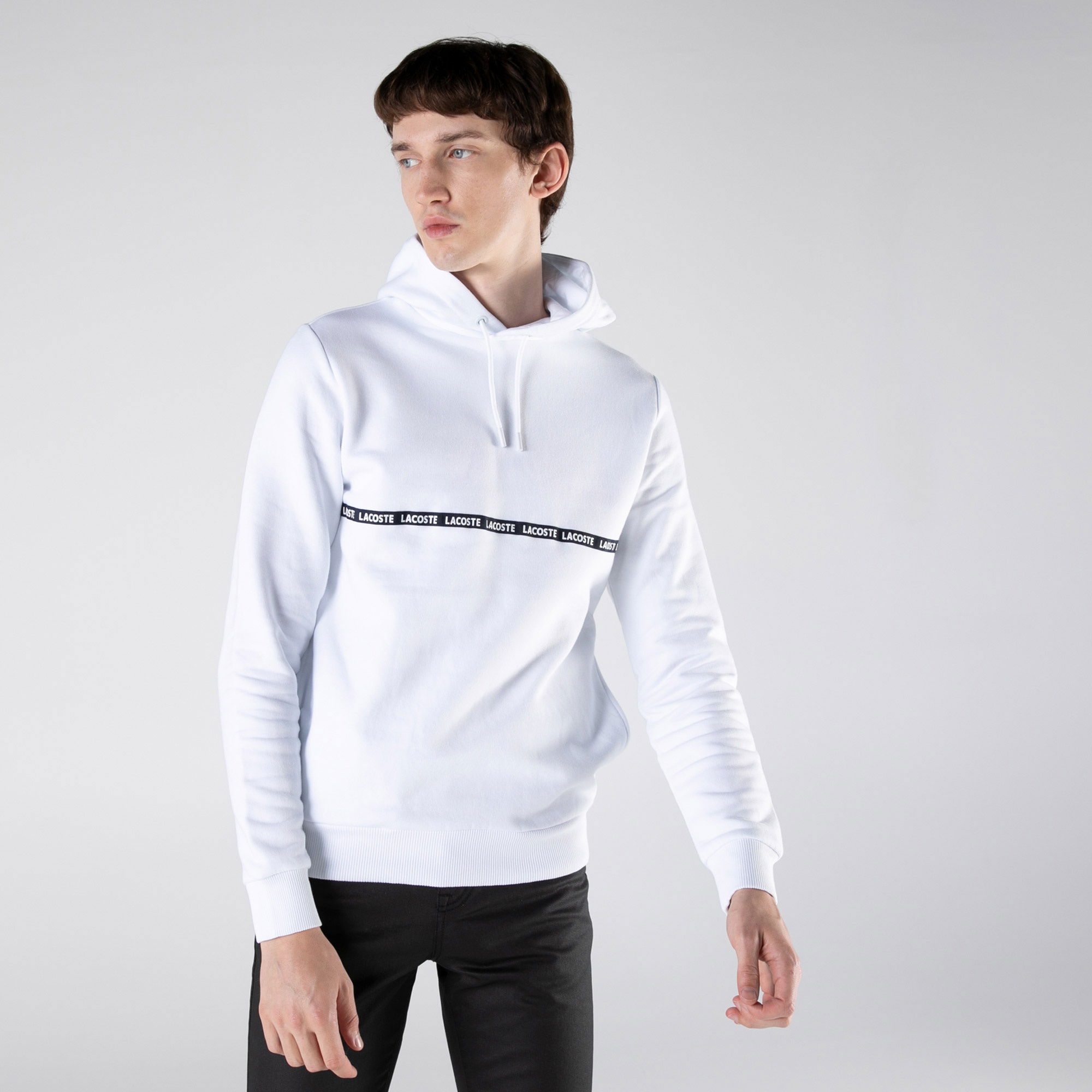 Lacoste Erkek Slim Fit Kapüşonlu Çizgili Beyaz Sweatshirt