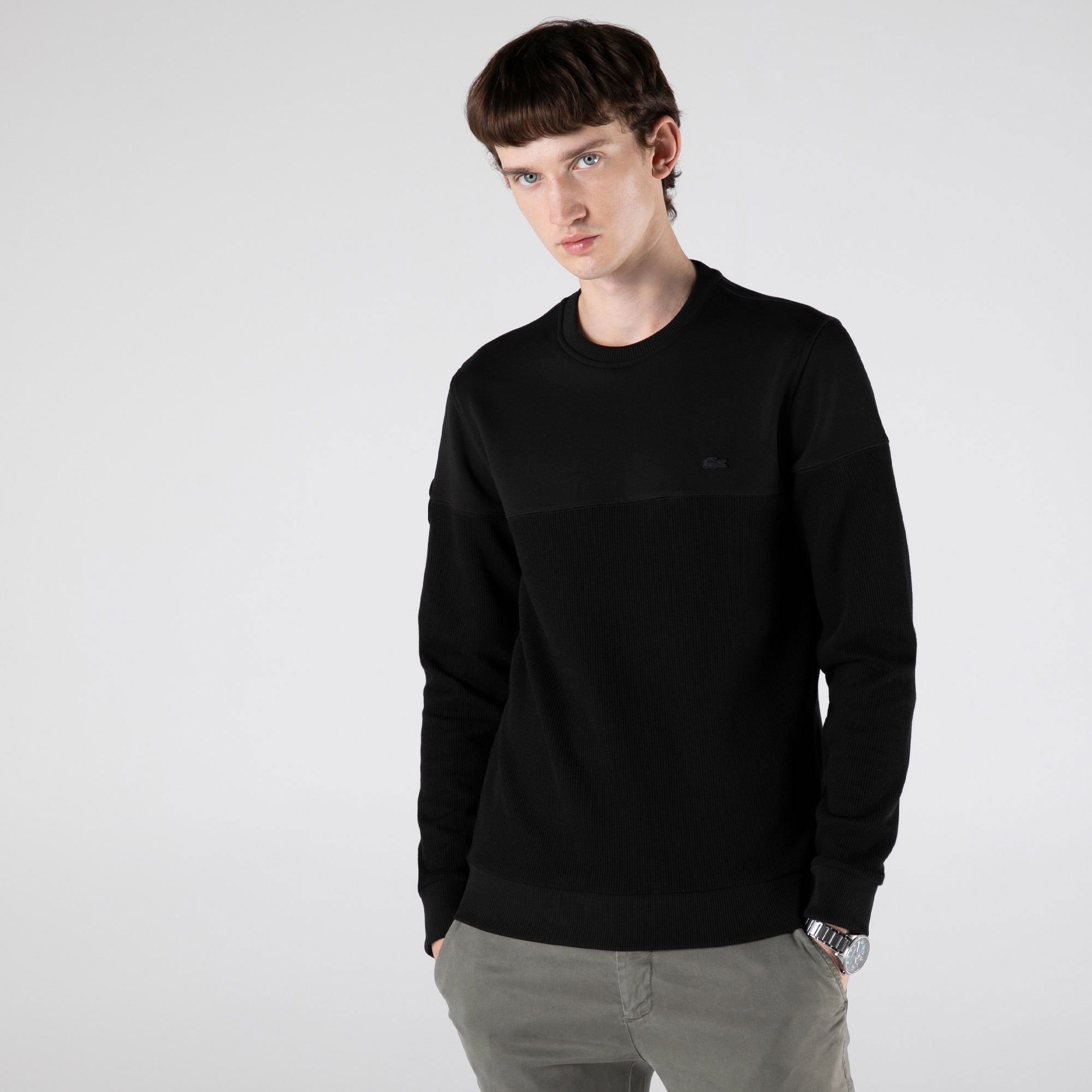 Lacoste Erkek Regular Fit Uzun Kollu Bisiklet Yaka Renk Bloklu Siyah Sweatshirt