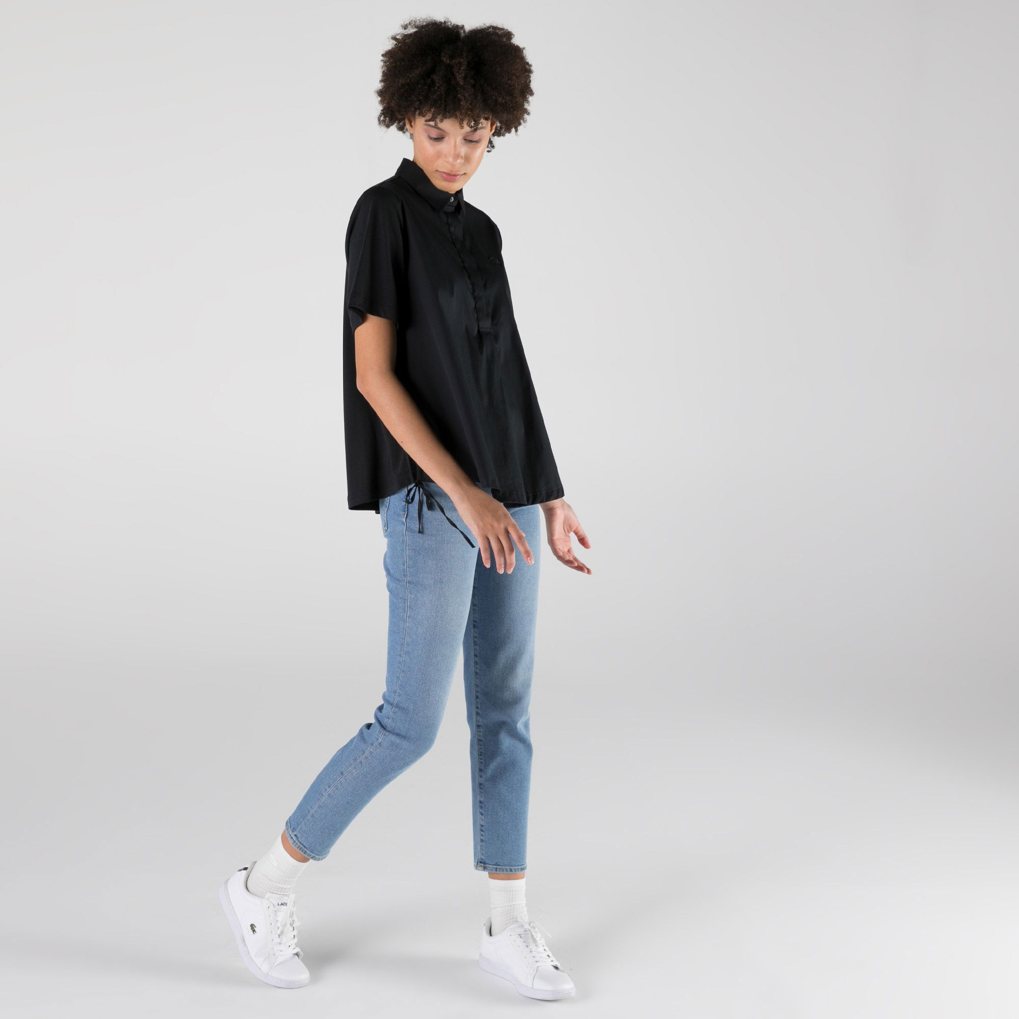 Lacoste Kadın Loose Fit Kısa Kollu Siyah Gömlek