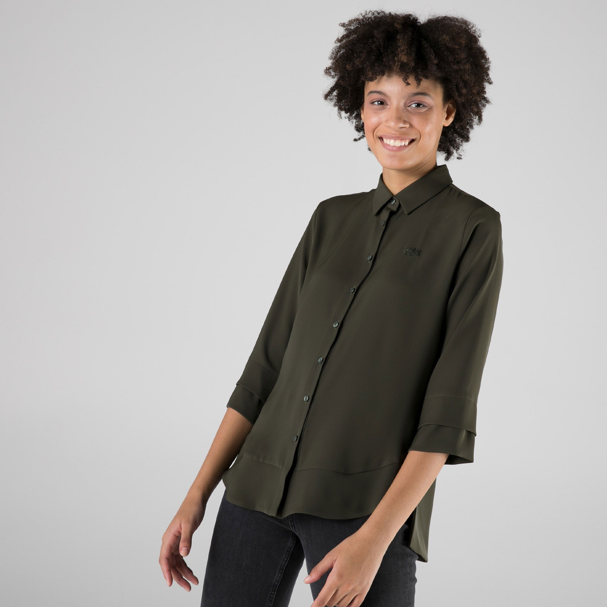 Lacoste Kadın Relaxed Fit Truvakar Kollu Haki Gömlek