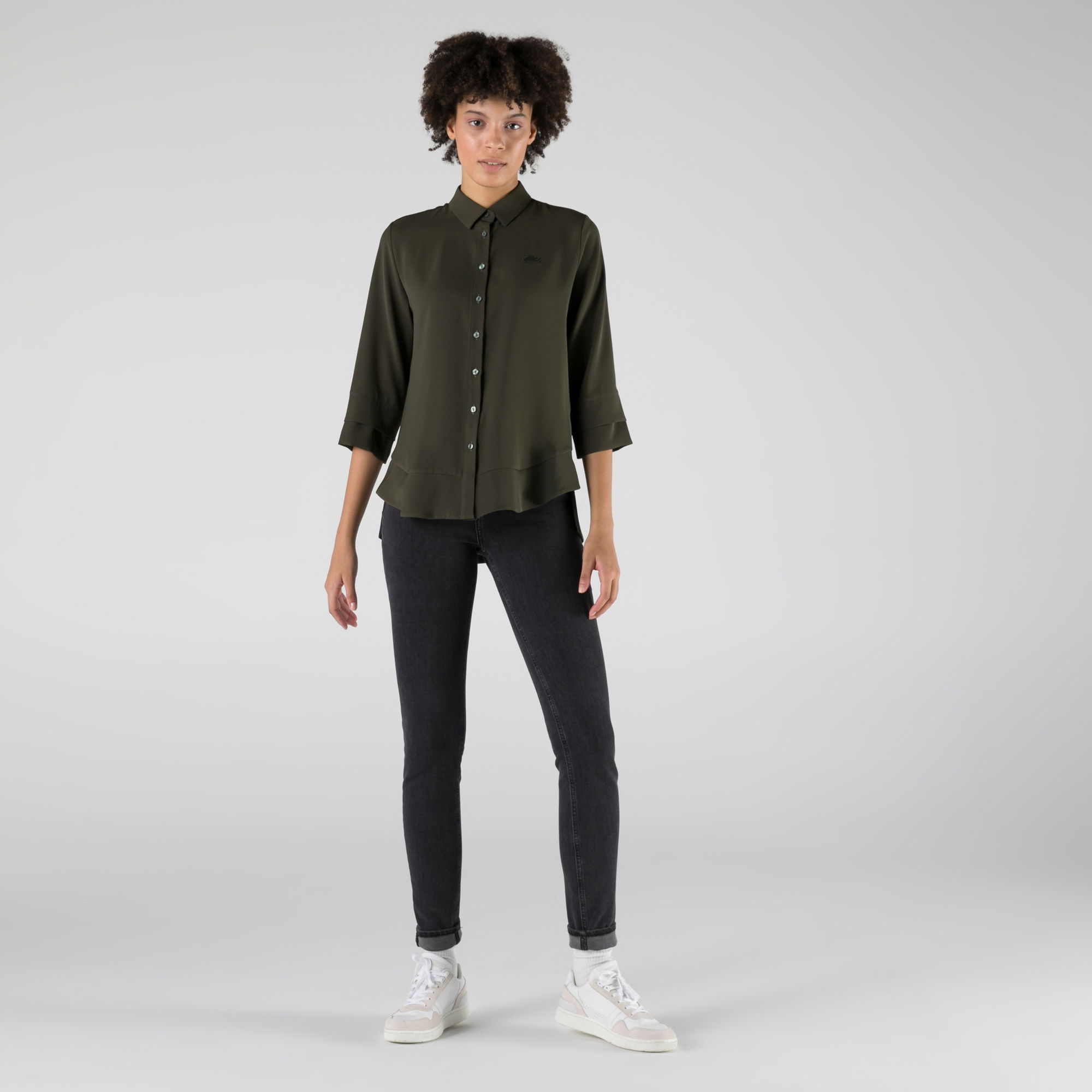 Lacoste Kadın Relaxed Fit Truvakar Kollu Haki Gömlek
