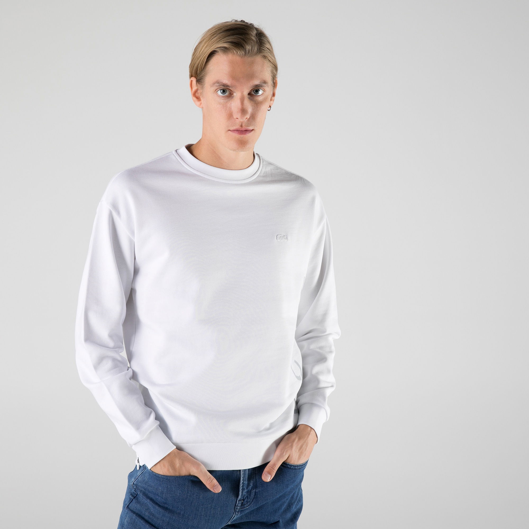 Lacoste Erkek Slim Fit Bisiklet Yaka Baskılı Beyaz Sweatshirt