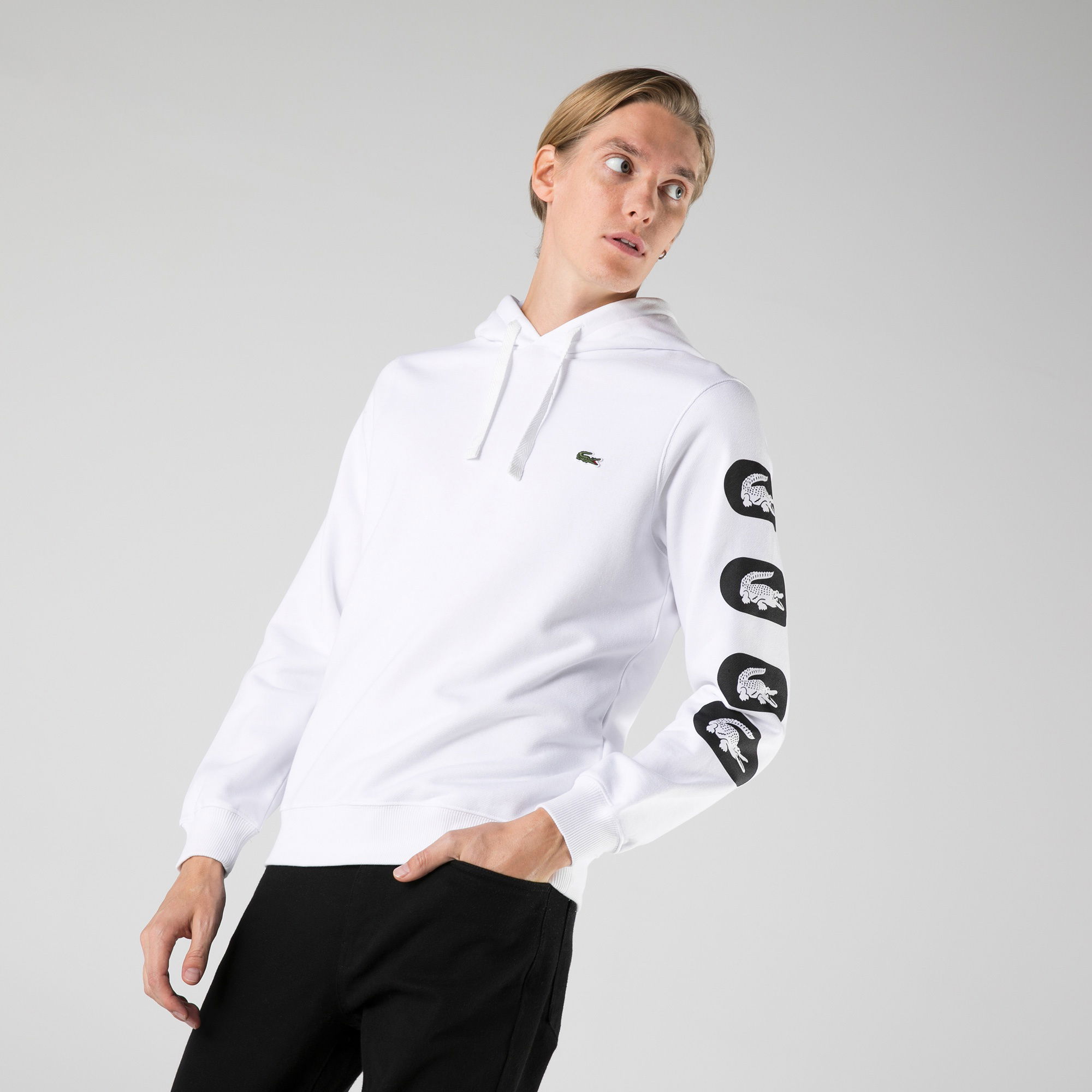 Lacoste Erkek Classic Fit Kapüşonlu Baskılı Beyaz Sweatshirt