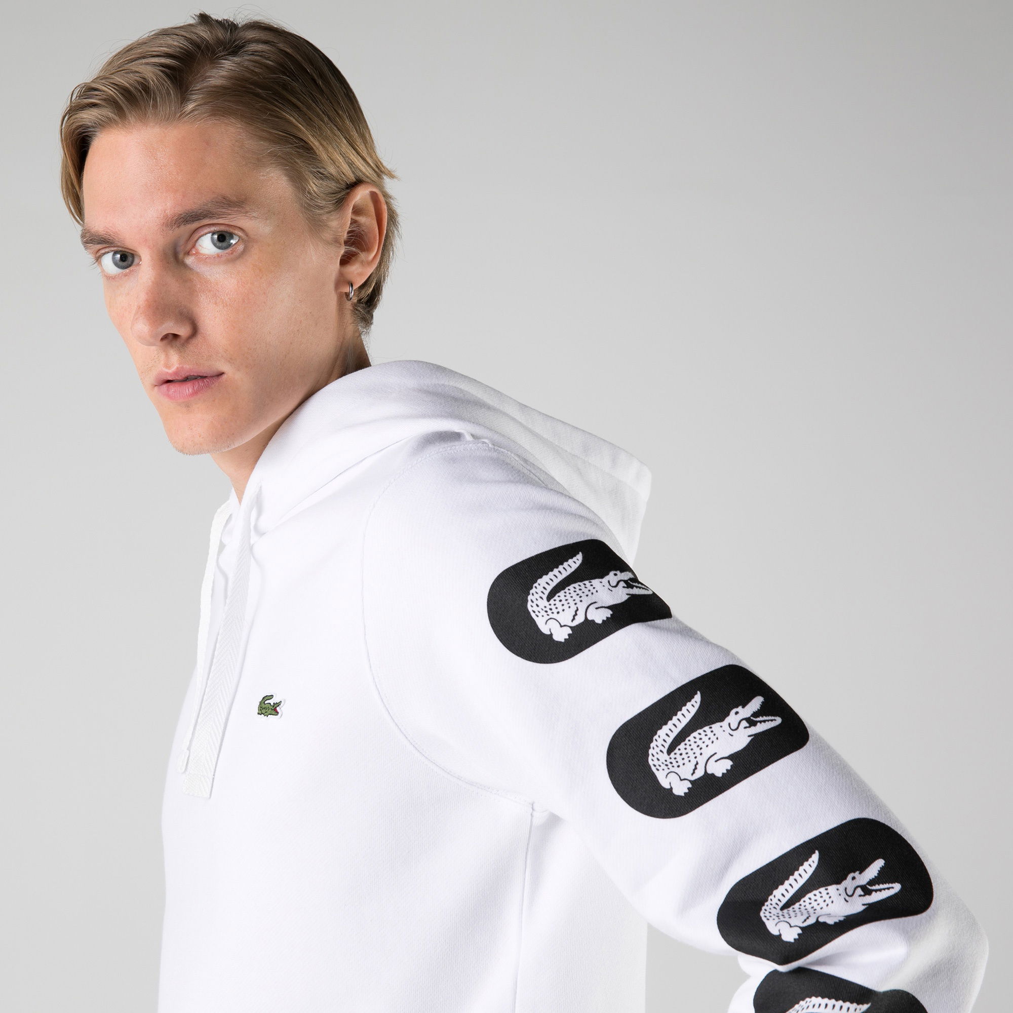 Lacoste Erkek Classic Fit Kapüşonlu Baskılı Beyaz Sweatshirt