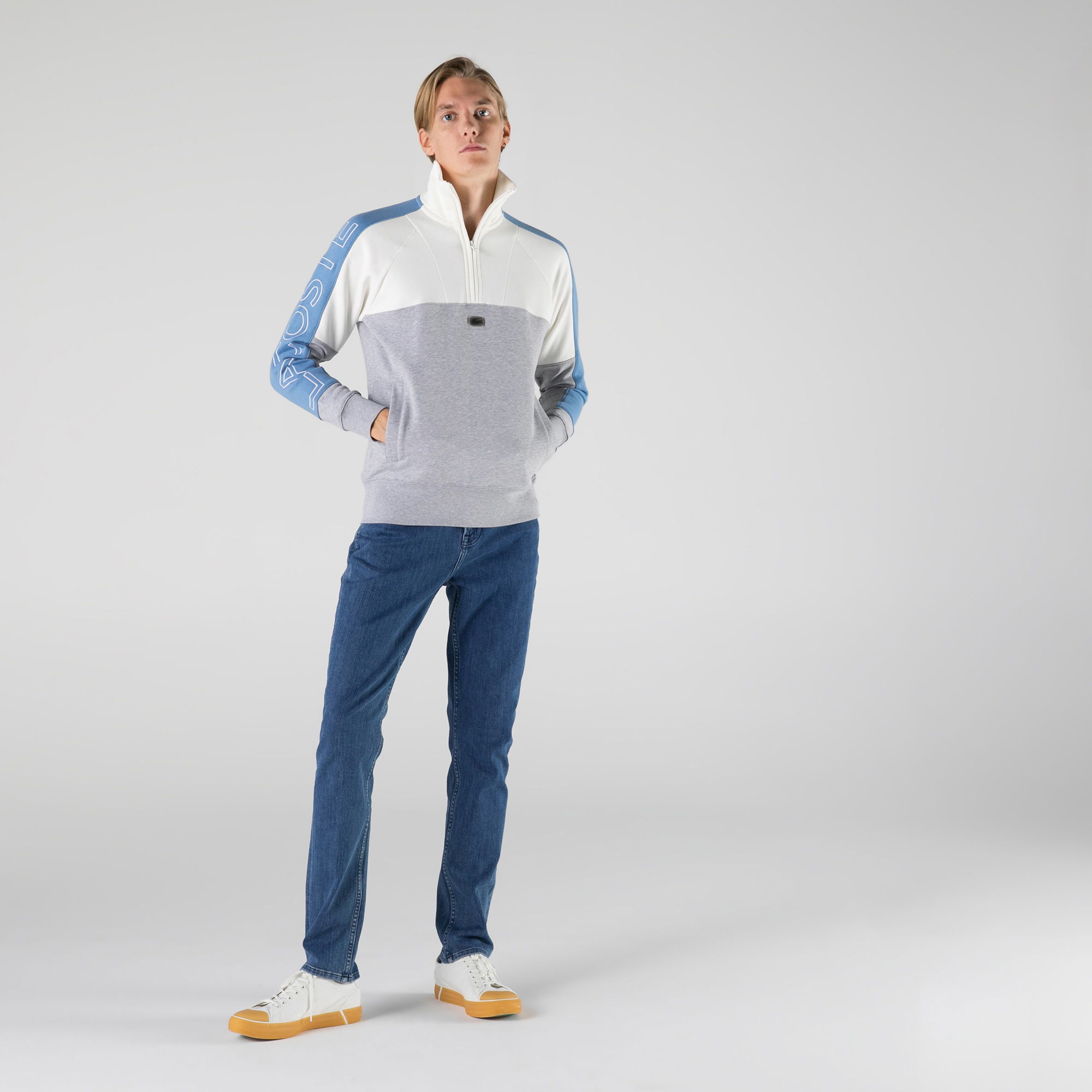 Lacoste Erkek Regular Fit Yarım Fermuarlı Renk Bloklu Beyaz Sweatshirt