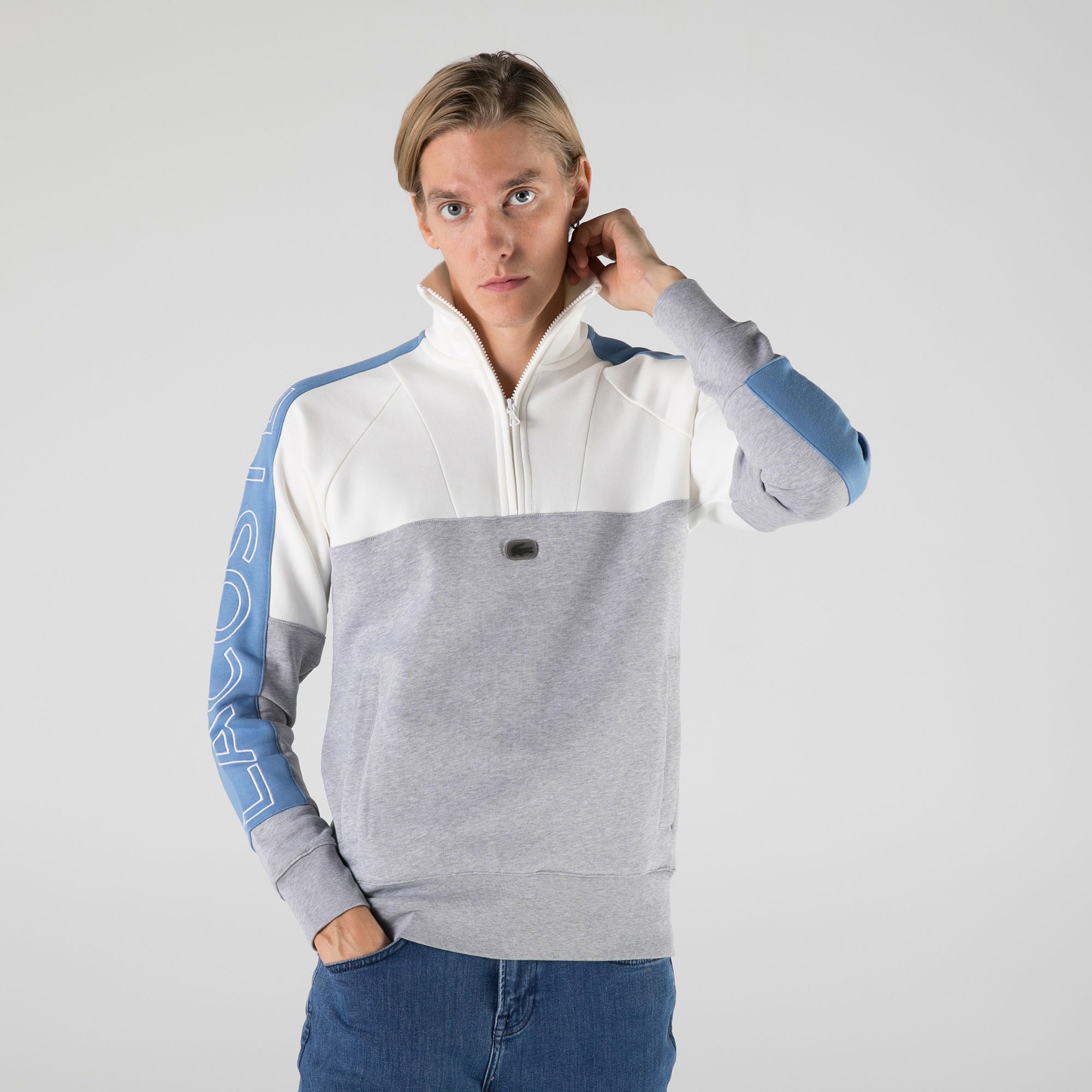 Lacoste Erkek Regular Fit Yarım Fermuarlı Renk Bloklu Beyaz Sweatshirt