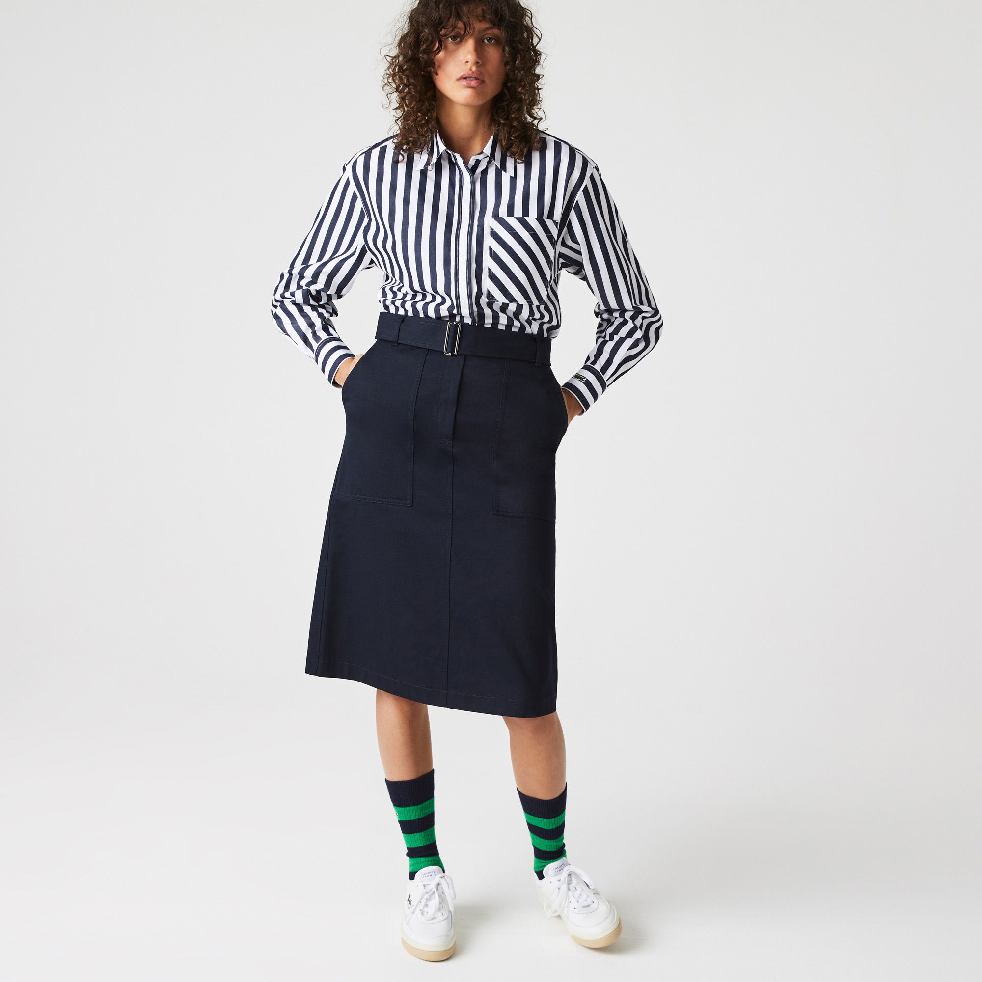 Lacoste Kadın Relaxed Fit Oversize Çizgili Lacivert Gömlek