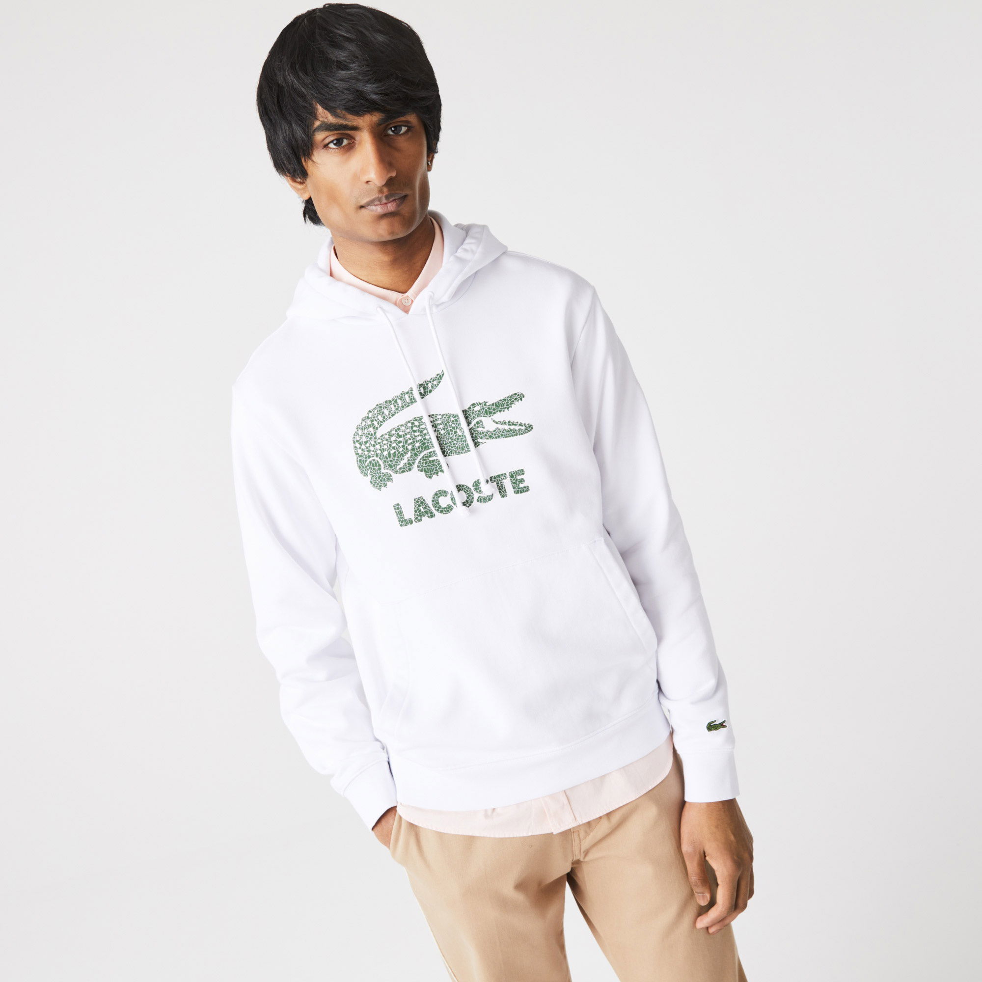 Lacoste Erkek Classic Fit Kapüşonlu Baskılı Beyaz Sweatshirt