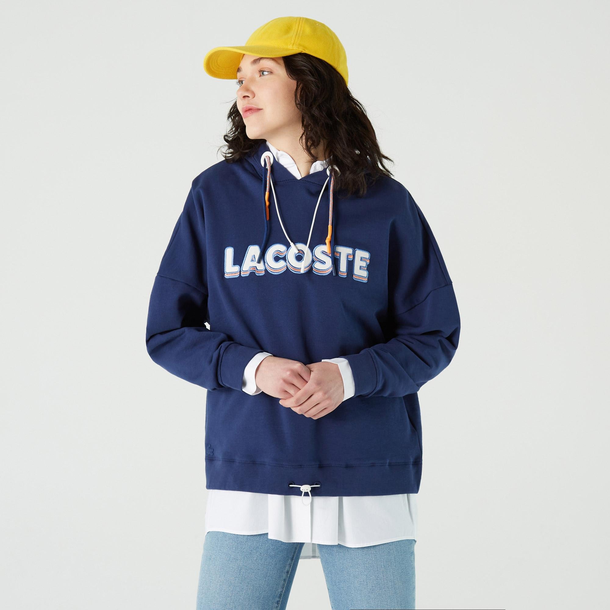 Lacoste Kadın Relaxed Fit Kapüşonlu Baskılı Lacivert Sweatshirt