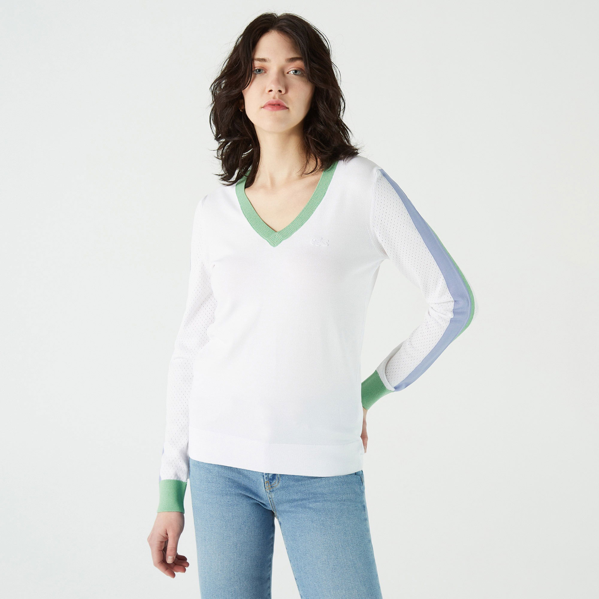 Lacoste Kadın Kayık Yaka Renk Bloklu Beyaz Kazak