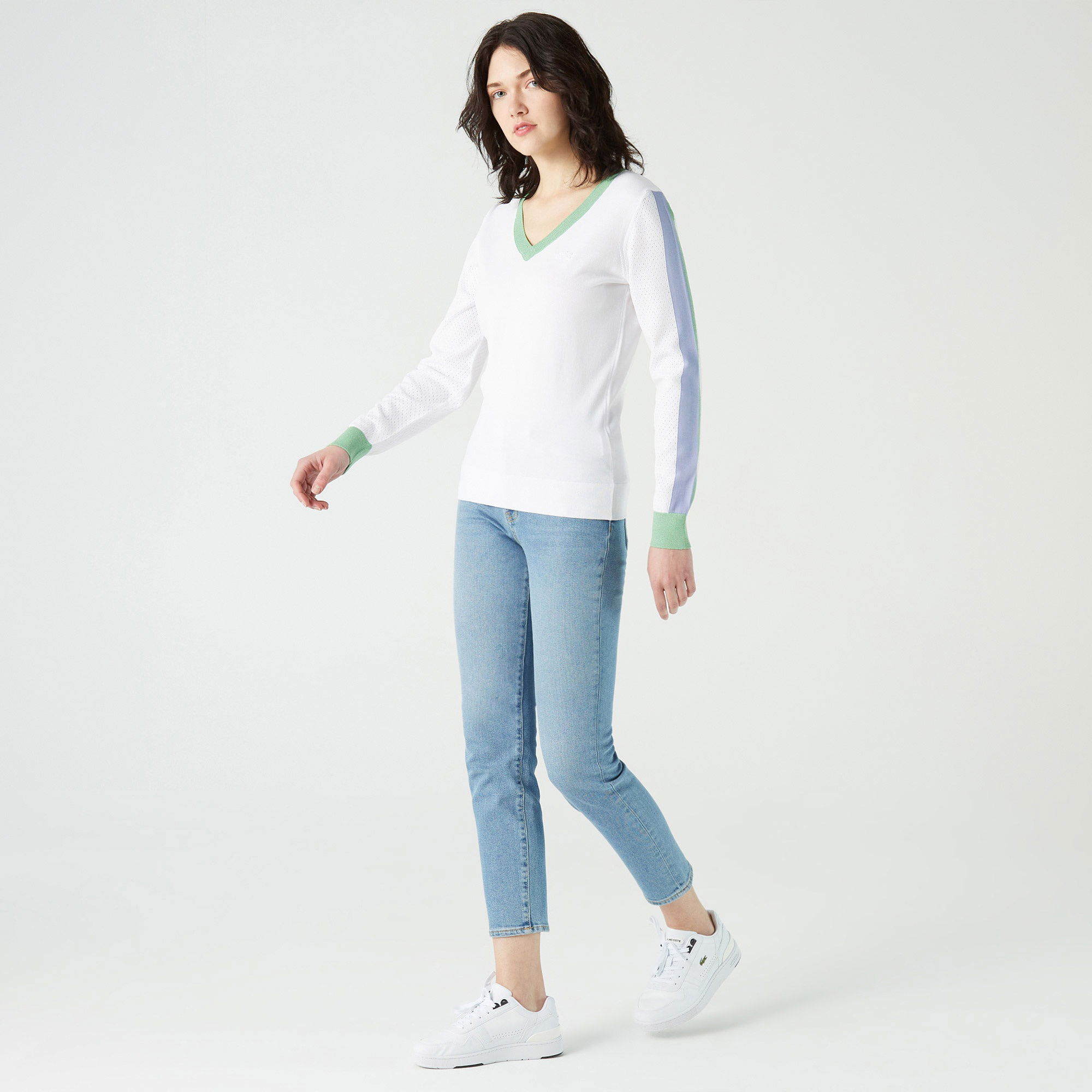 Lacoste Kadın Kayık Yaka Renk Bloklu Beyaz Kazak
