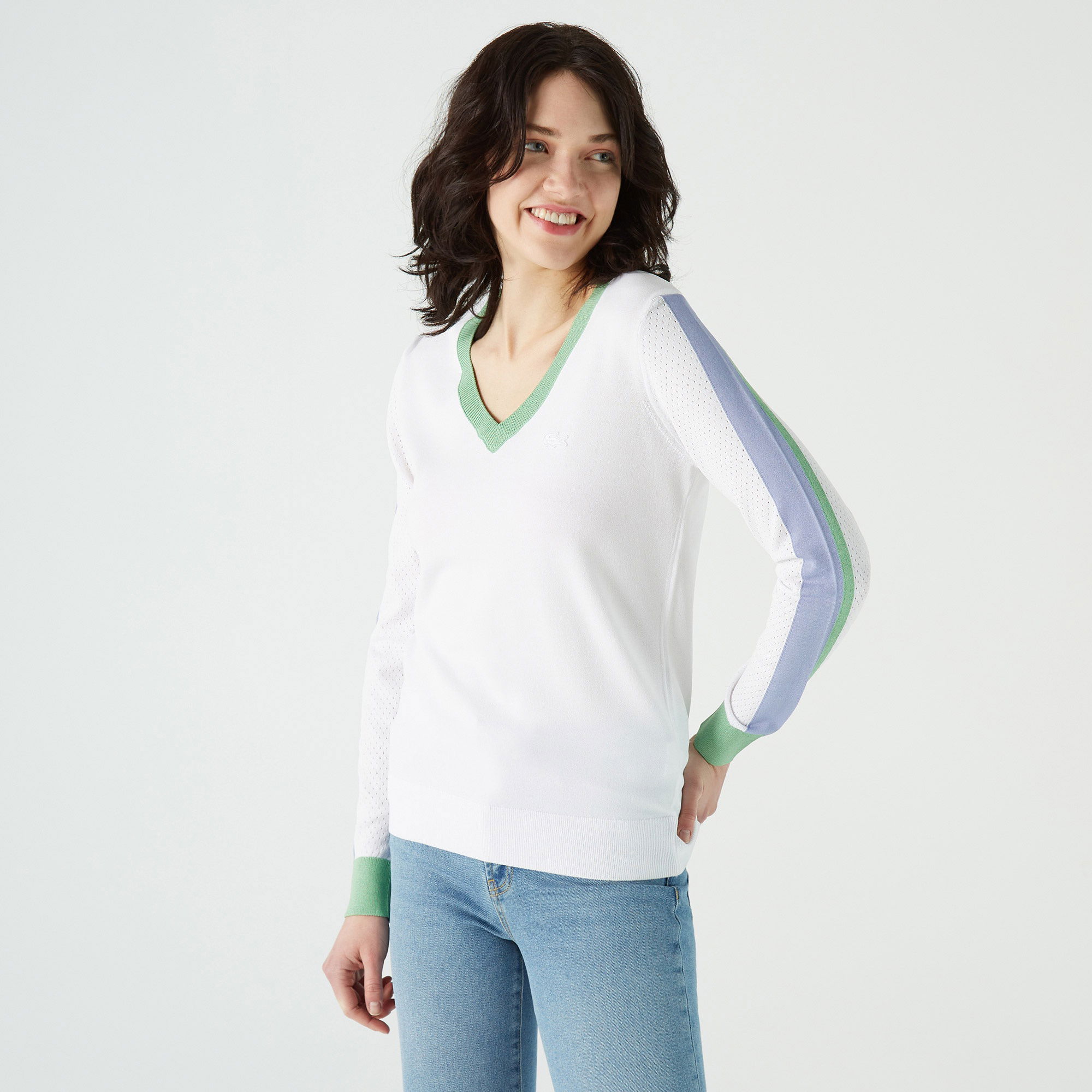 Lacoste Kadın Kayık Yaka Renk Bloklu Beyaz Kazak