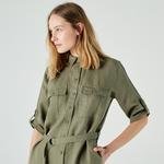Lacoste Kadın Loose Fit Kısa Kollu Gömlek Yaka Haki Elbise