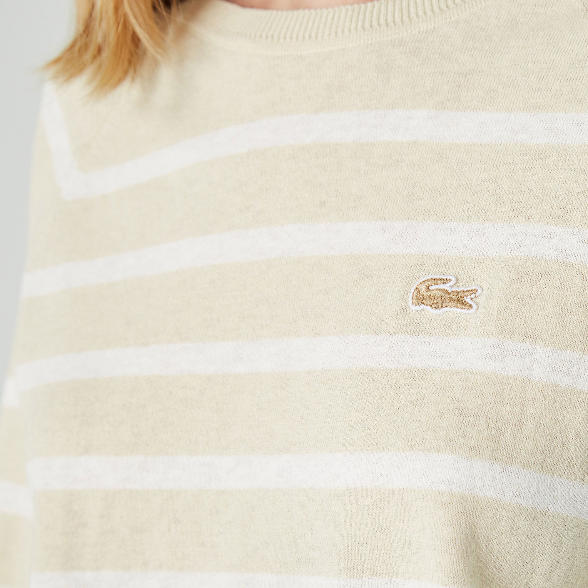 Lacoste Kadın Regular Fit Bisiklet Yaka Çizgili Açık Bej Kazak