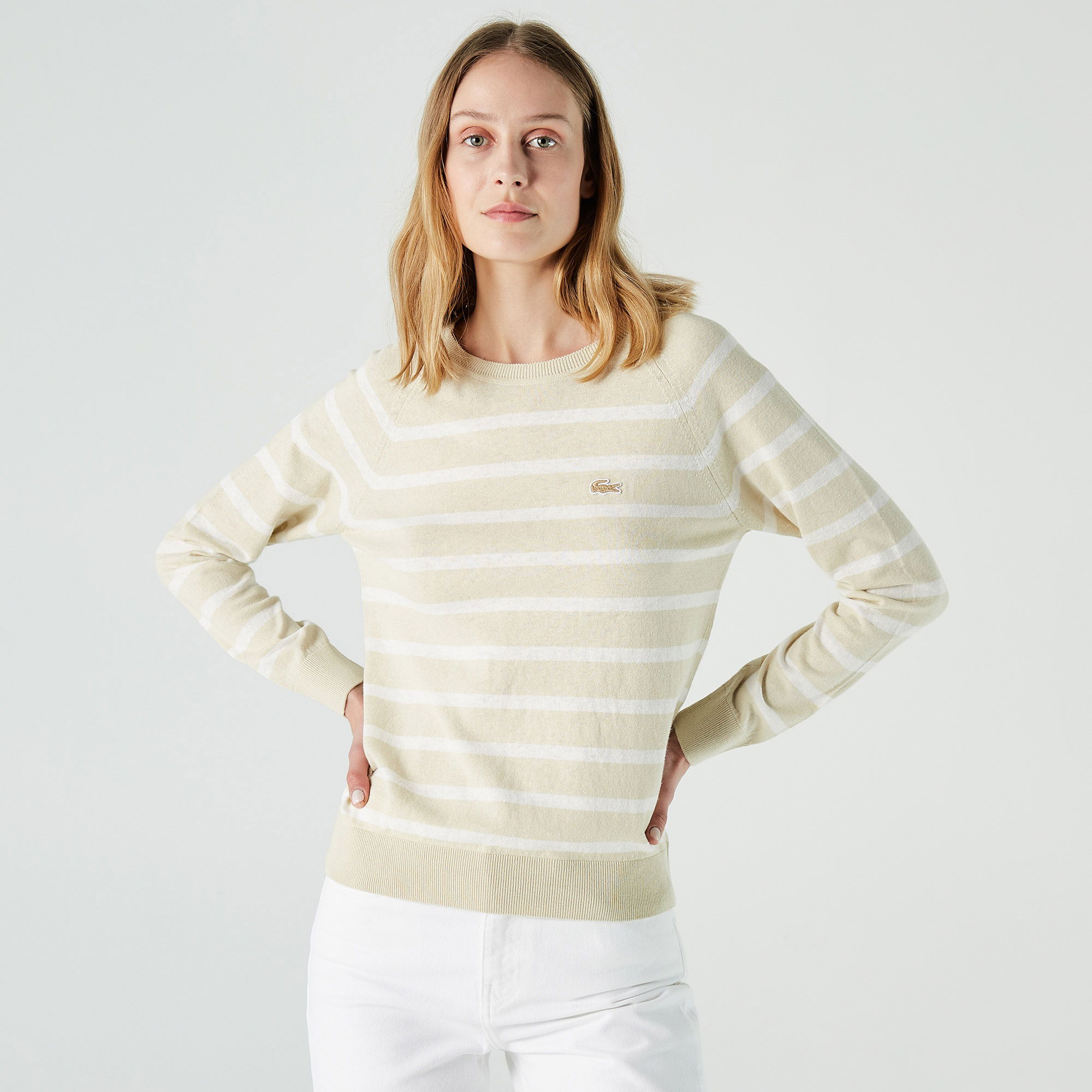 Lacoste Kadın Regular Fit Bisiklet Yaka Çizgili Açık Bej Kazak