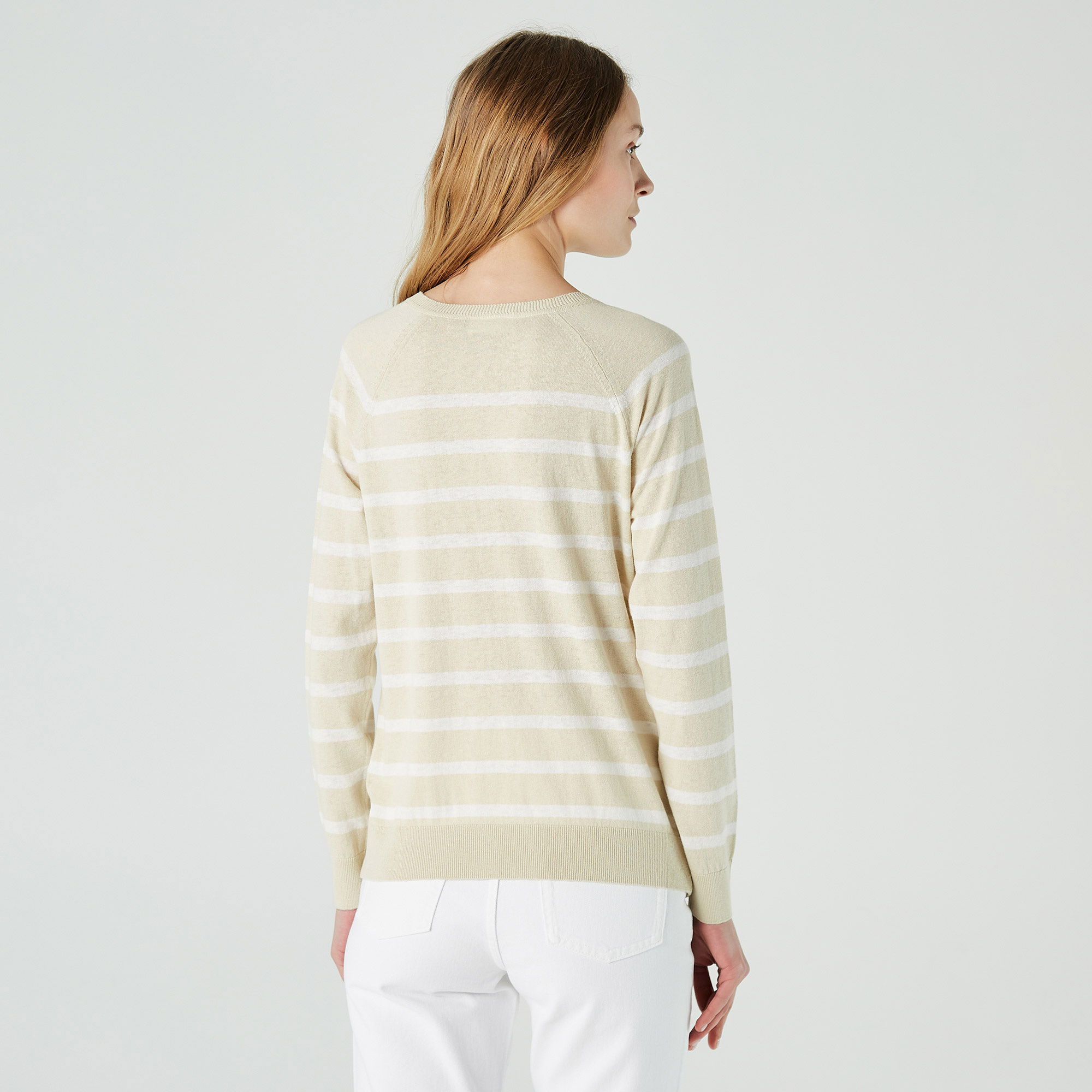 Lacoste Kadın Regular Fit Bisiklet Yaka Çizgili Açık Bej Kazak