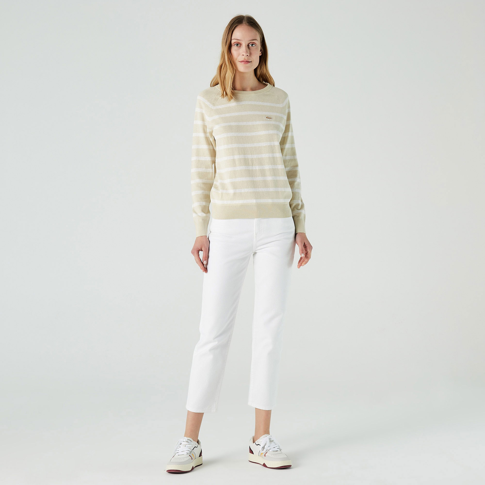 Lacoste Kadın Regular Fit Bisiklet Yaka Çizgili Açık Bej Kazak