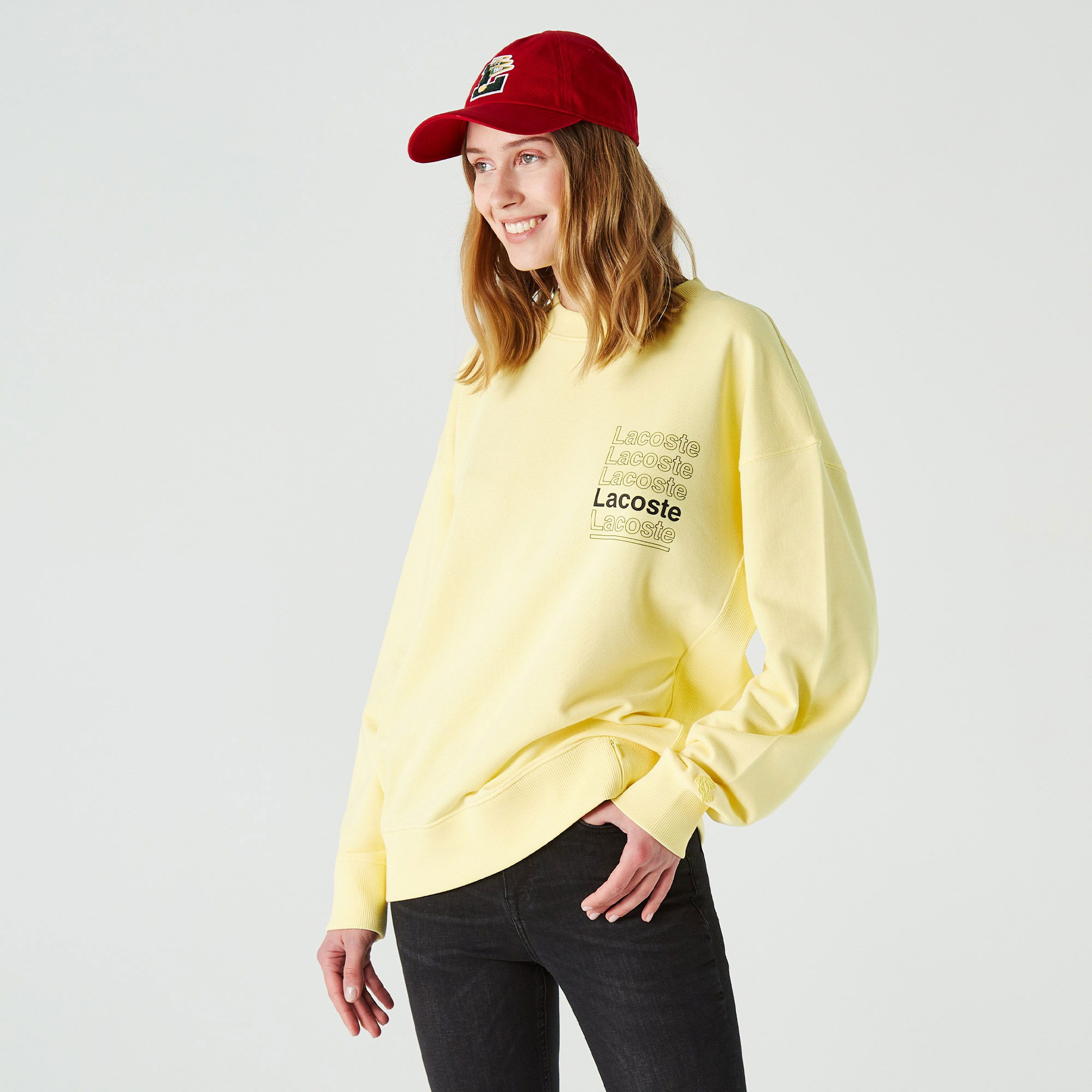 Lacoste L!VE Erkek Relaxed Fit Bisiklet Yaka Baskılı Sarı Sweatshirt