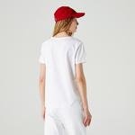 Lacoste Kadın Slim Fit Bisiklet Yaka Baskılı Beyaz T-Shirt