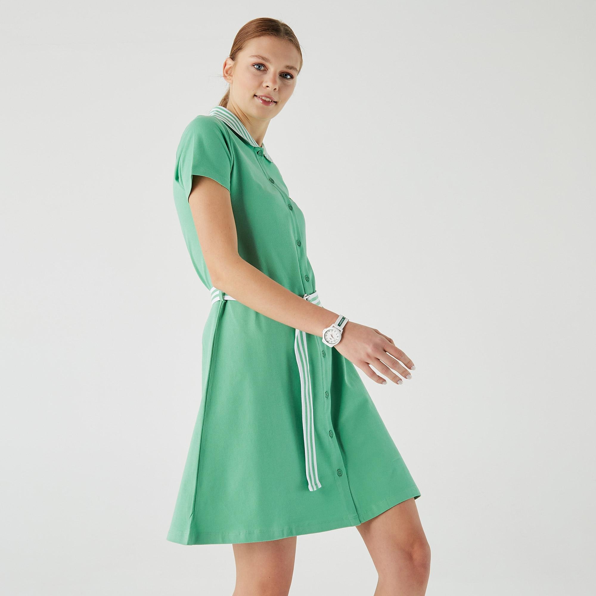 Lacoste Kadın Loose Fit Kısa Kollu Gömlek Yaka Yeşil Elbise