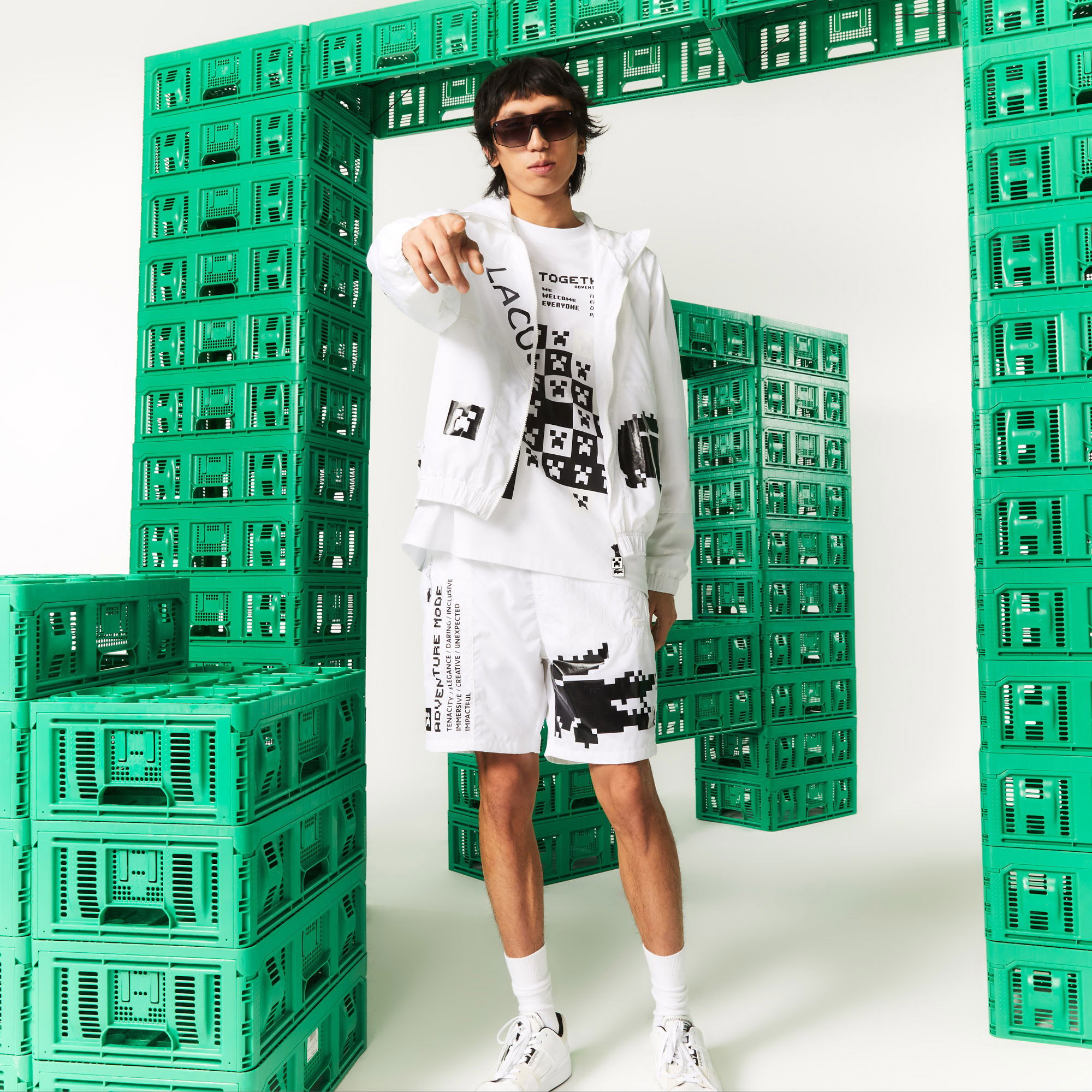 Lacoste L!VE x Minecraft Unisex Regular Fit Baskılı Beyaz Şort