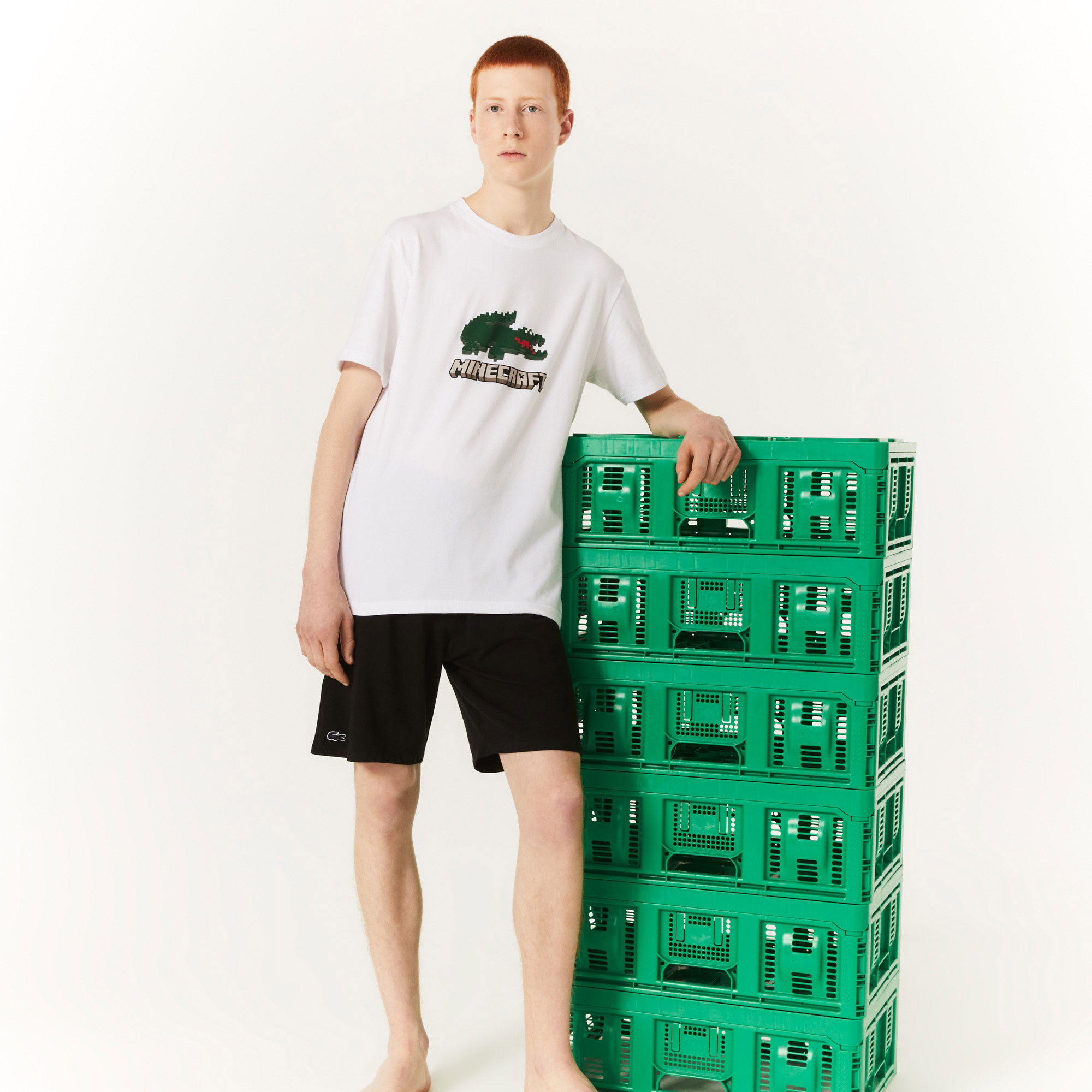 Lacoste X Minecraft Erkek Regular Fit Bisiklet Yaka Baskılı Beyaz Pijama Takımı