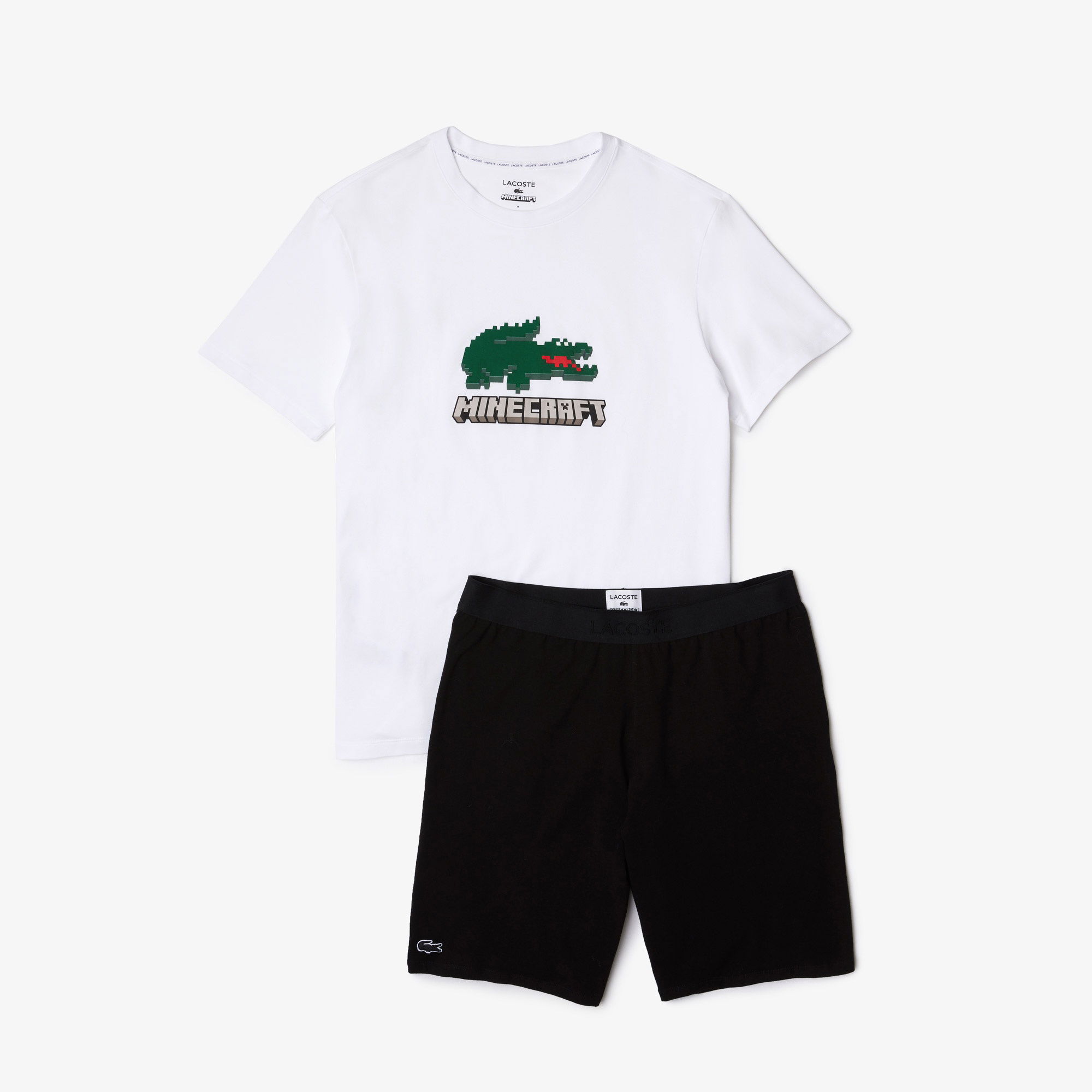 Lacoste X Minecraft Erkek Regular Fit Bisiklet Yaka Baskılı Beyaz Pijama Takımı