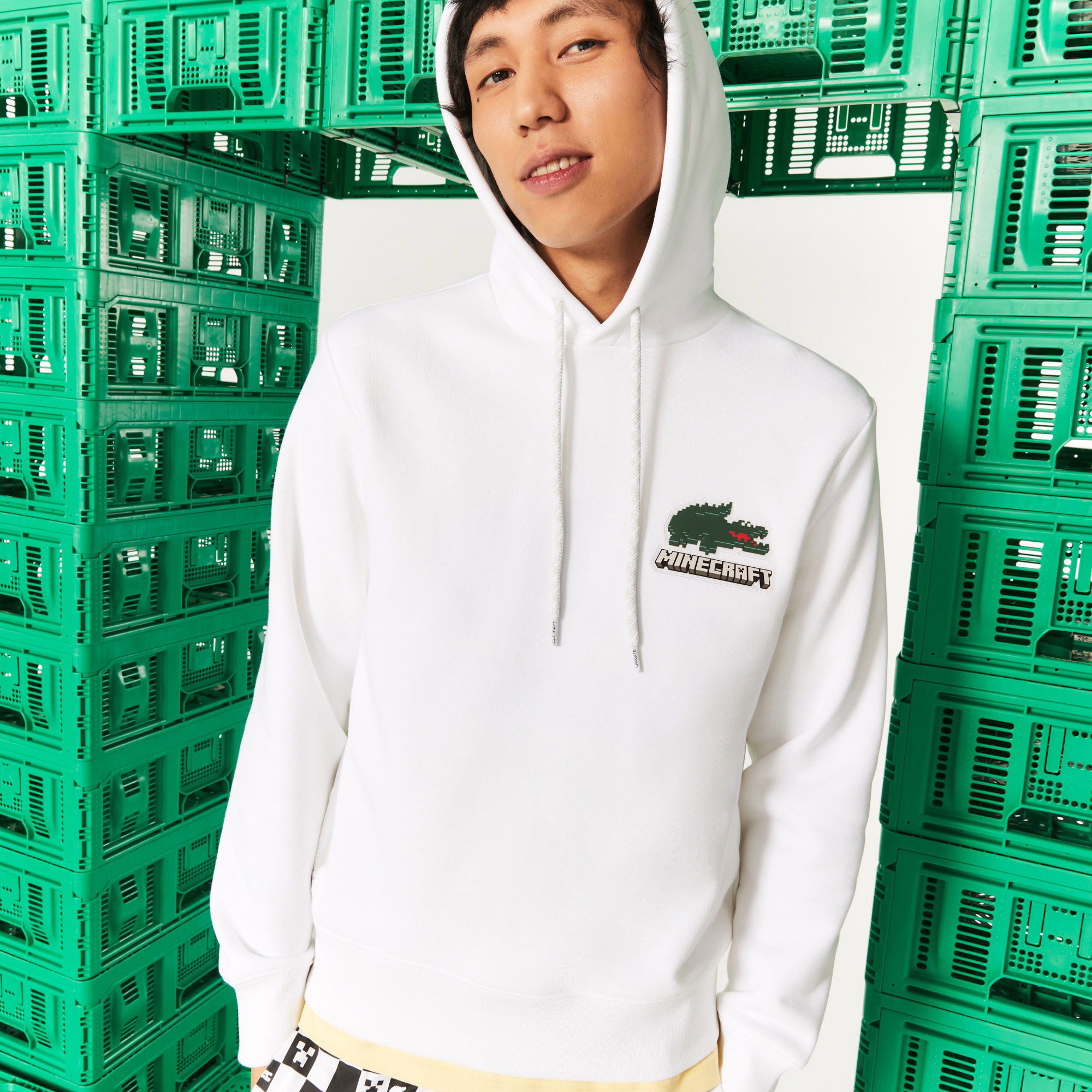 Lacoste X Minecraft Unisex Regular Fit Kapüşonlu Baskılı Beyaz Sweatshirt