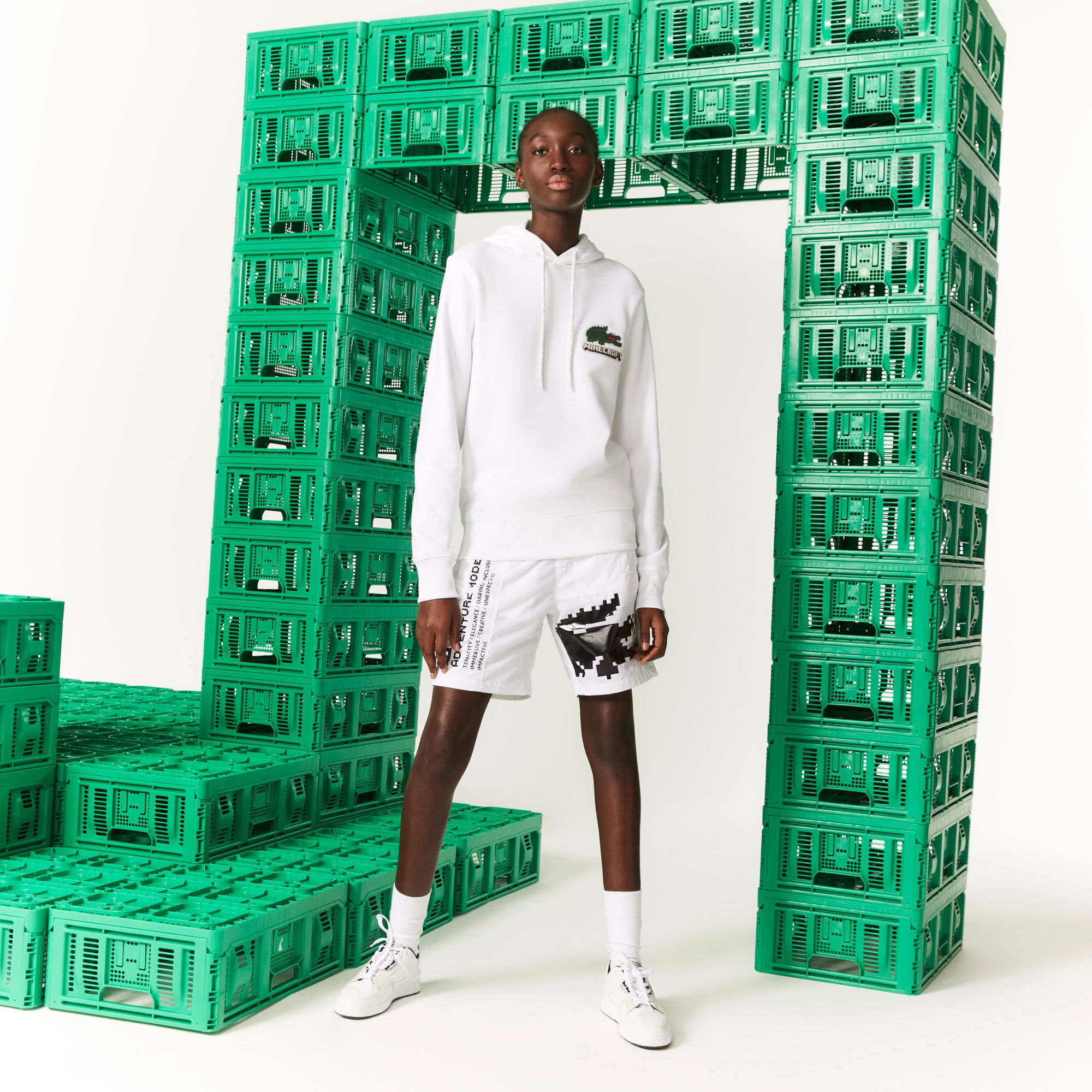 Lacoste X Minecraft Unisex Regular Fit Kapüşonlu Baskılı Beyaz Sweatshirt