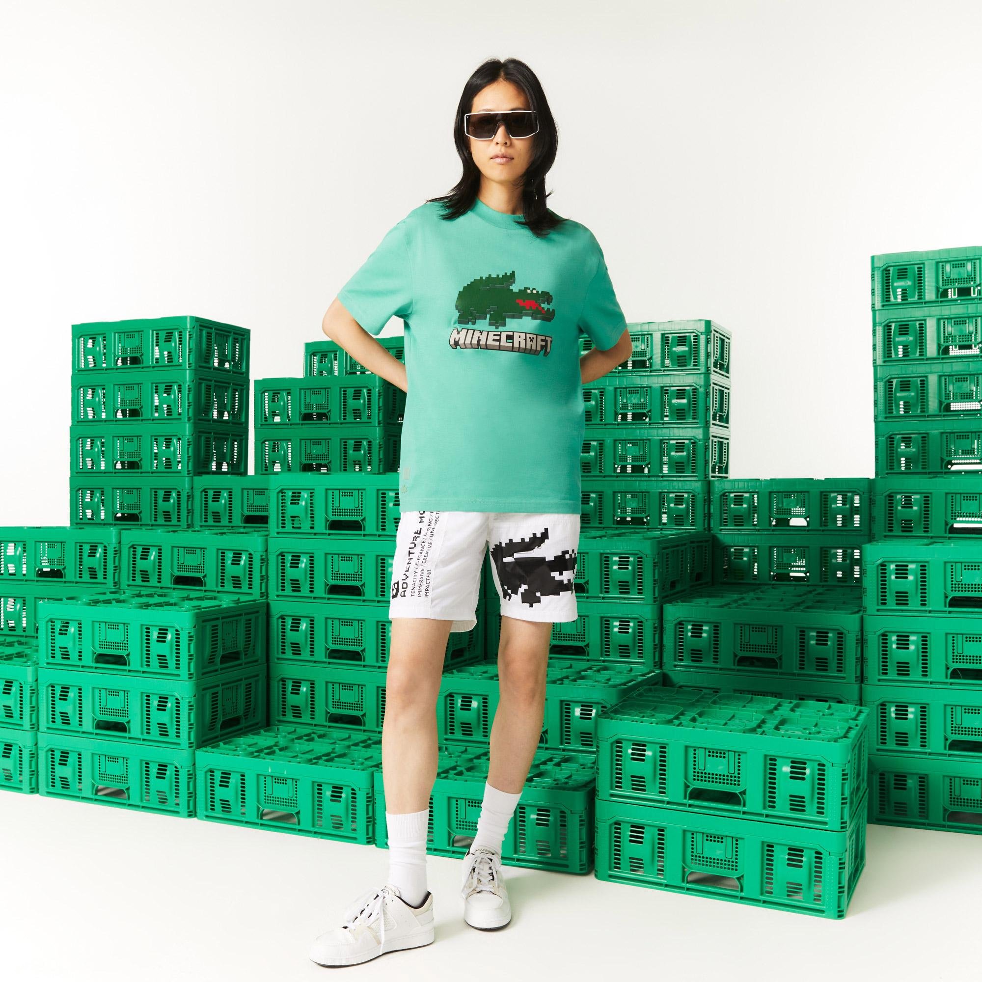 Lacoste X Minecraft Unisex Relaxed Fit Bisiklet Yaka Baskılı Yeşil T-Shirt